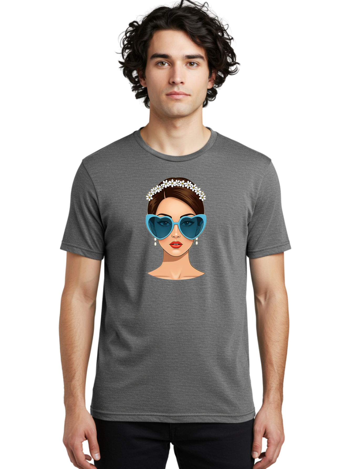 Woman-With-Heart-Shaped-Sunglasses Men'S Graphic Tee, 100% Cotton, Comfortable Casual Summer Wear, Machine Washable, Cartoon Woman, Heart-Shaped Sunglasses, Red Lips, White Floral Headband, Dangling Earrings, Pop Art Style, Bab594 21
