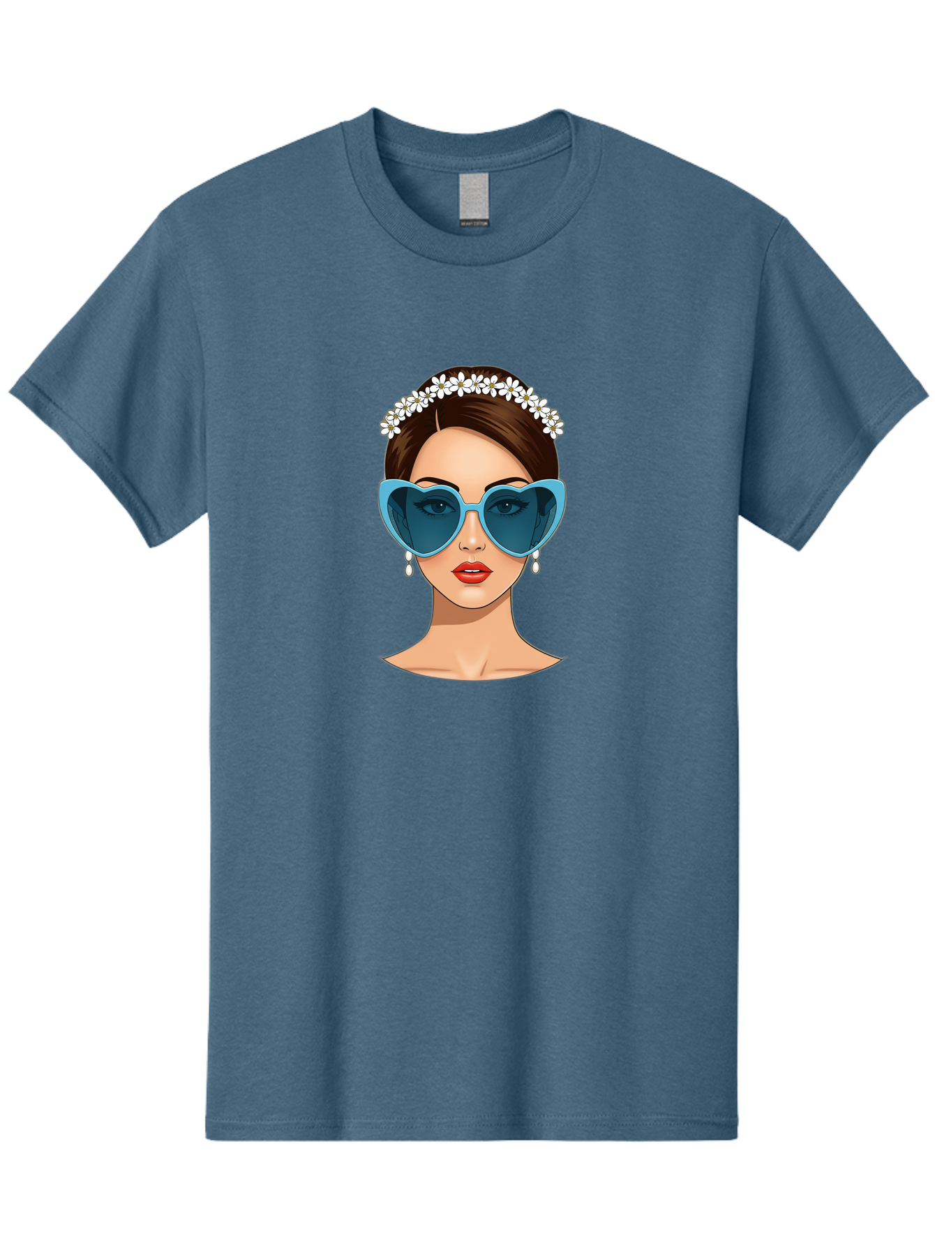 Woman-With-Heart-Shaped-Sunglasses Men'S Graphic Tee, 100% Cotton, Comfortable Casual Summer Wear, Machine Washable, Cartoon Woman, Heart-Shaped Sunglasses, Red Lips, White Floral Headband, Dangling Earrings, Pop Art Style, Bab594 4