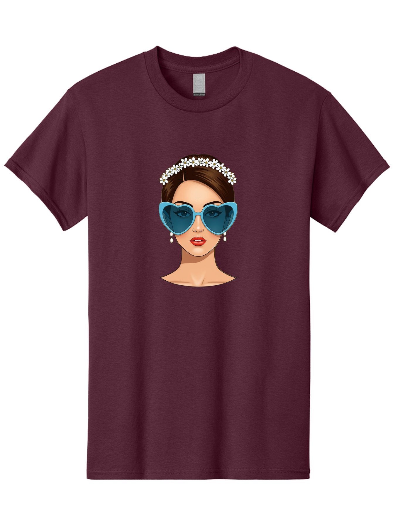 Woman-With-Heart-Shaped-Sunglasses Men'S Graphic Tee, 100% Cotton, Comfortable Casual Summer Wear, Machine Washable, Cartoon Woman, Heart-Shaped Sunglasses, Red Lips, White Floral Headband, Dangling Earrings, Pop Art Style, Bab594 5