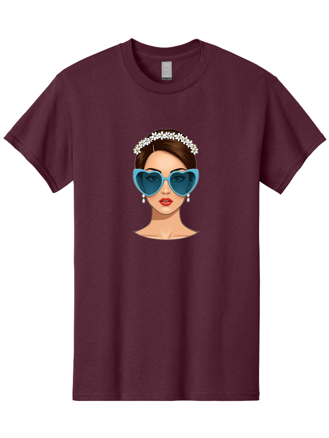 Woman-With-Heart-Shaped-Sunglasses Men'S Graphic Tee, 100% Cotton, Comfortable Casual Summer Wear, Machine Washable, Cartoon Woman, Heart-Shaped Sunglasses, Red Lips, White Floral Headband, Dangling Earrings, Pop Art Style, Bab594 8