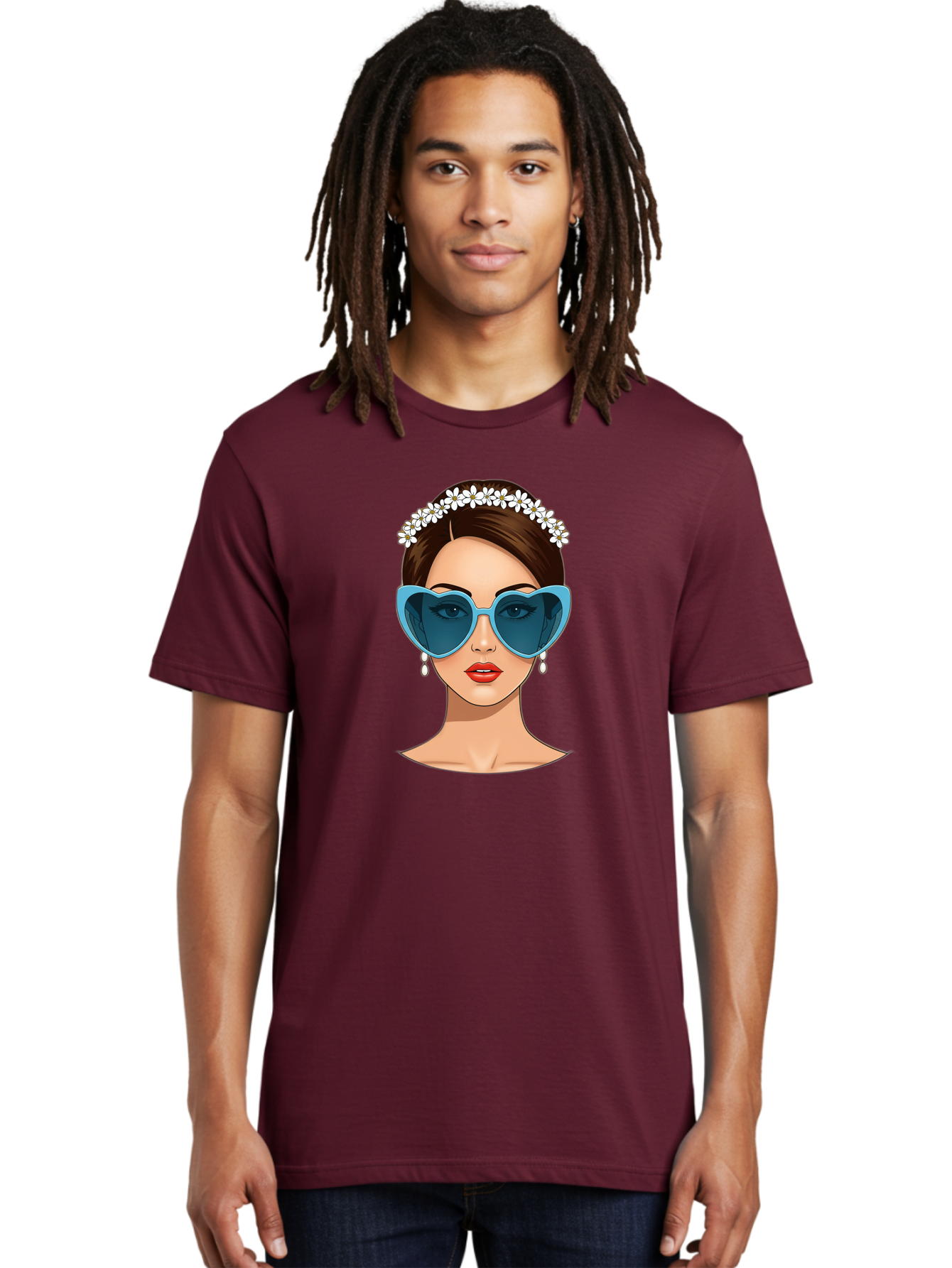 Woman-With-Heart-Shaped-Sunglasses Men'S Graphic Tee, 100% Cotton, Comfortable Casual Summer Wear, Machine Washable, Cartoon Woman, Heart-Shaped Sunglasses, Red Lips, White Floral Headband, Dangling Earrings, Pop Art Style, Bab594 23