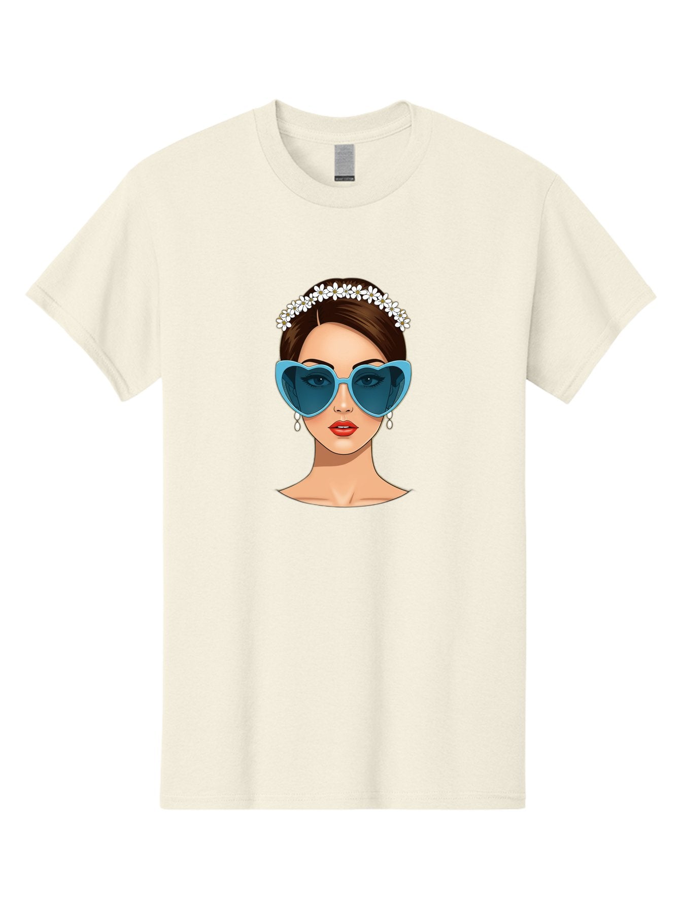 Woman-With-Heart-Shaped-Sunglasses Men'S Graphic Tee, 100% Cotton, Comfortable Casual Summer Wear, Machine Washable, Cartoon Woman, Heart-Shaped Sunglasses, Red Lips, White Floral Headband, Dangling Earrings, Pop Art Style, Bab594 14