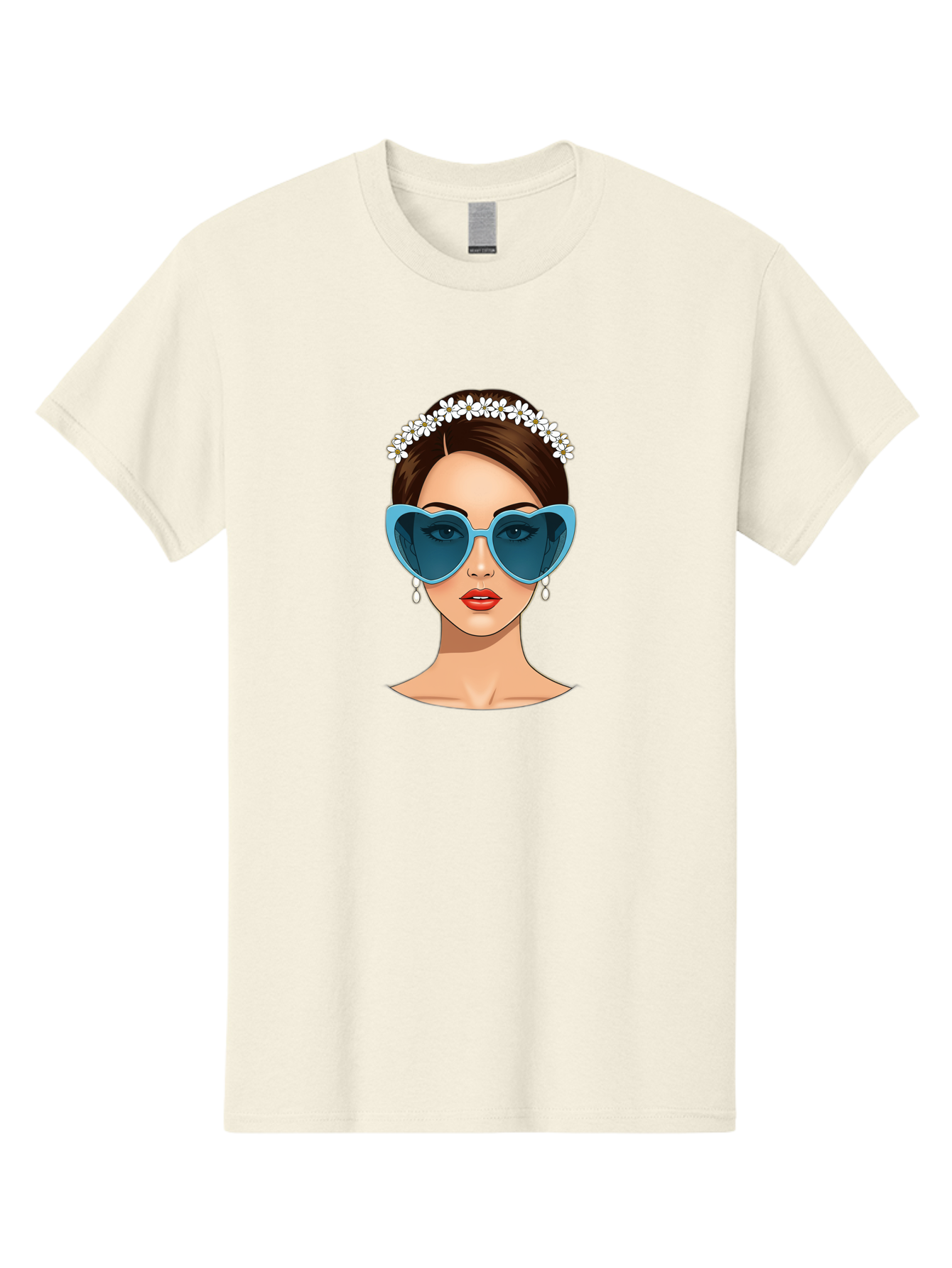 Woman-With-Heart-Shaped-Sunglasses Men'S Graphic Tee, 100% Cotton, Comfortable Casual Summer Wear, Machine Washable, Cartoon Woman, Heart-Shaped Sunglasses, Red Lips, White Floral Headband, Dangling Earrings, Pop Art Style, Bab594