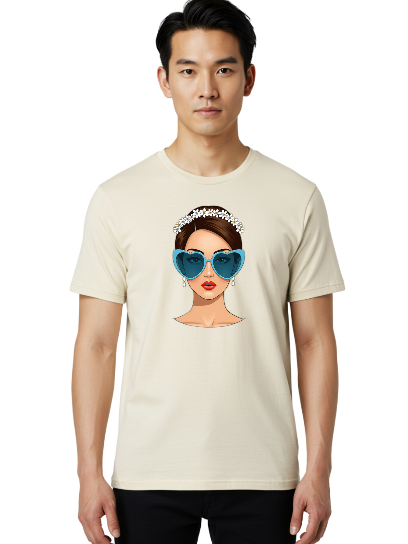 Woman-With-Heart-Shaped-Sunglasses Men'S Graphic Tee, 100% Cotton, Comfortable Casual Summer Wear, Machine Washable, Cartoon Woman, Heart-Shaped Sunglasses, Red Lips, White Floral Headband, Dangling Earrings, Pop Art Style, Bab594 17