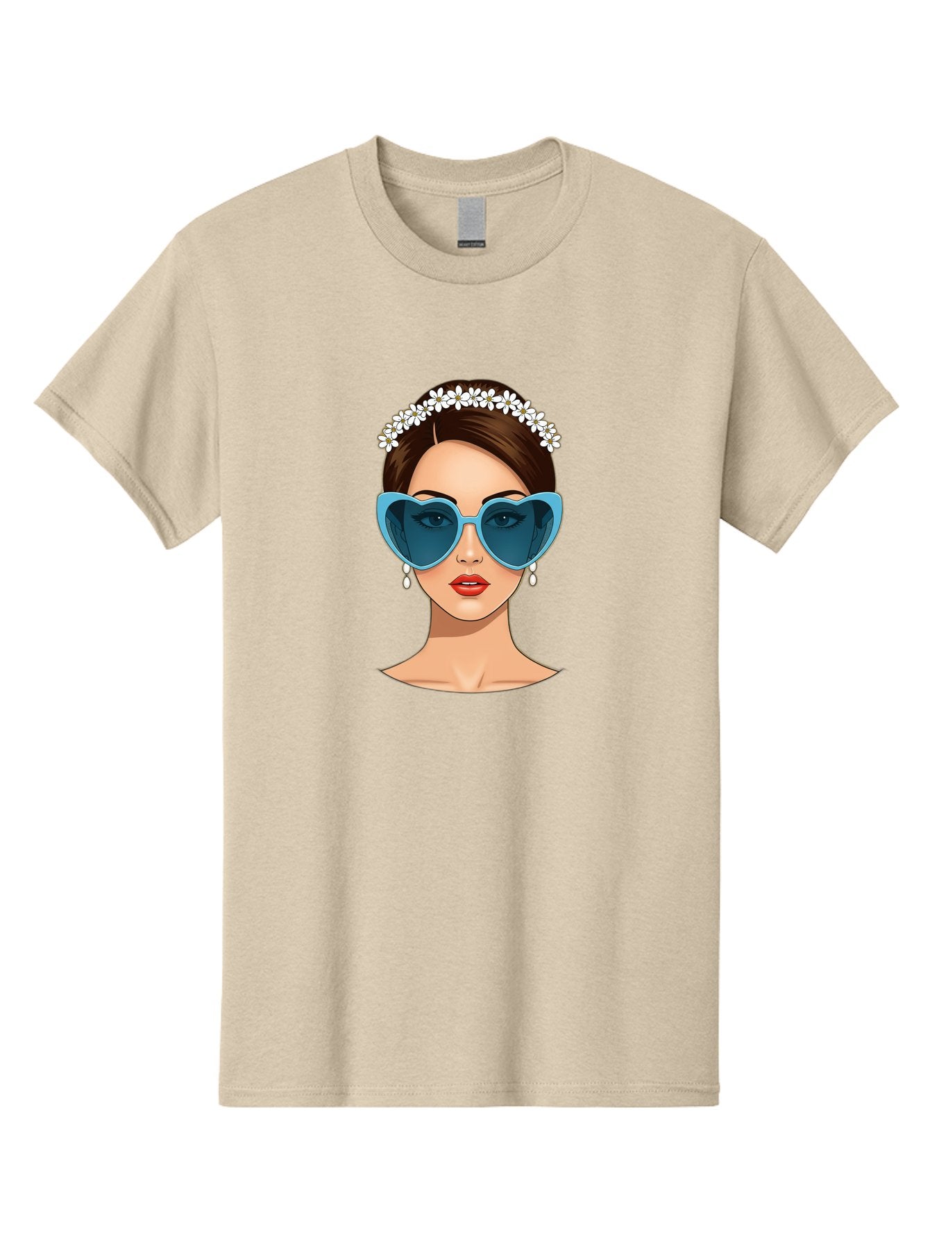 Woman-With-Heart-Shaped-Sunglasses Men'S Graphic Tee, 100% Cotton, Comfortable Casual Summer Wear, Machine Washable, Cartoon Woman, Heart-Shaped Sunglasses, Red Lips, White Floral Headband, Dangling Earrings, Pop Art Style, Bab594
