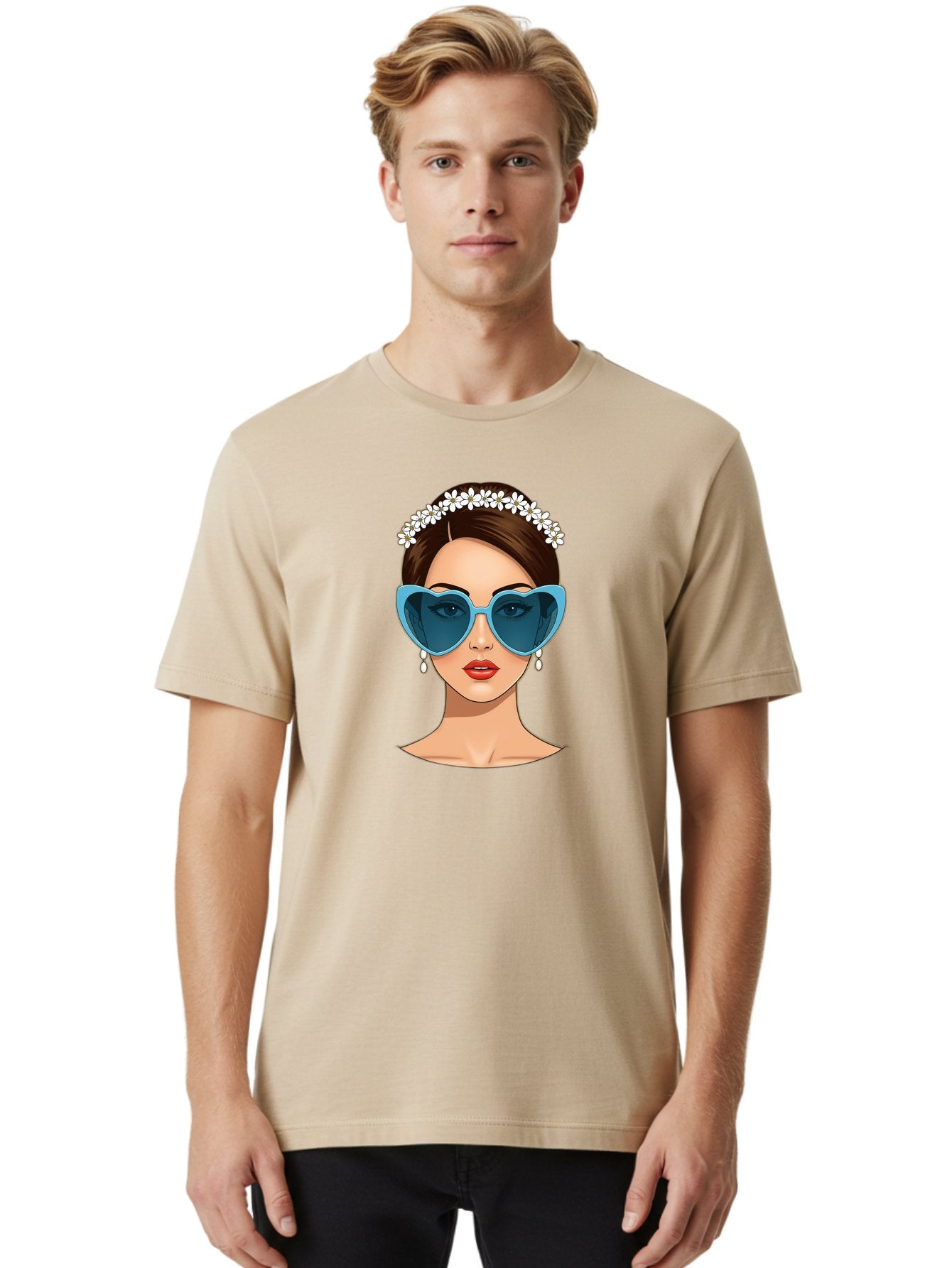 Woman-With-Heart-Shaped-Sunglasses Men'S Graphic Tee, 100% Cotton, Comfortable Casual Summer Wear, Machine Washable, Cartoon Woman, Heart-Shaped Sunglasses, Red Lips, White Floral Headband, Dangling Earrings, Pop Art Style, Bab594 21