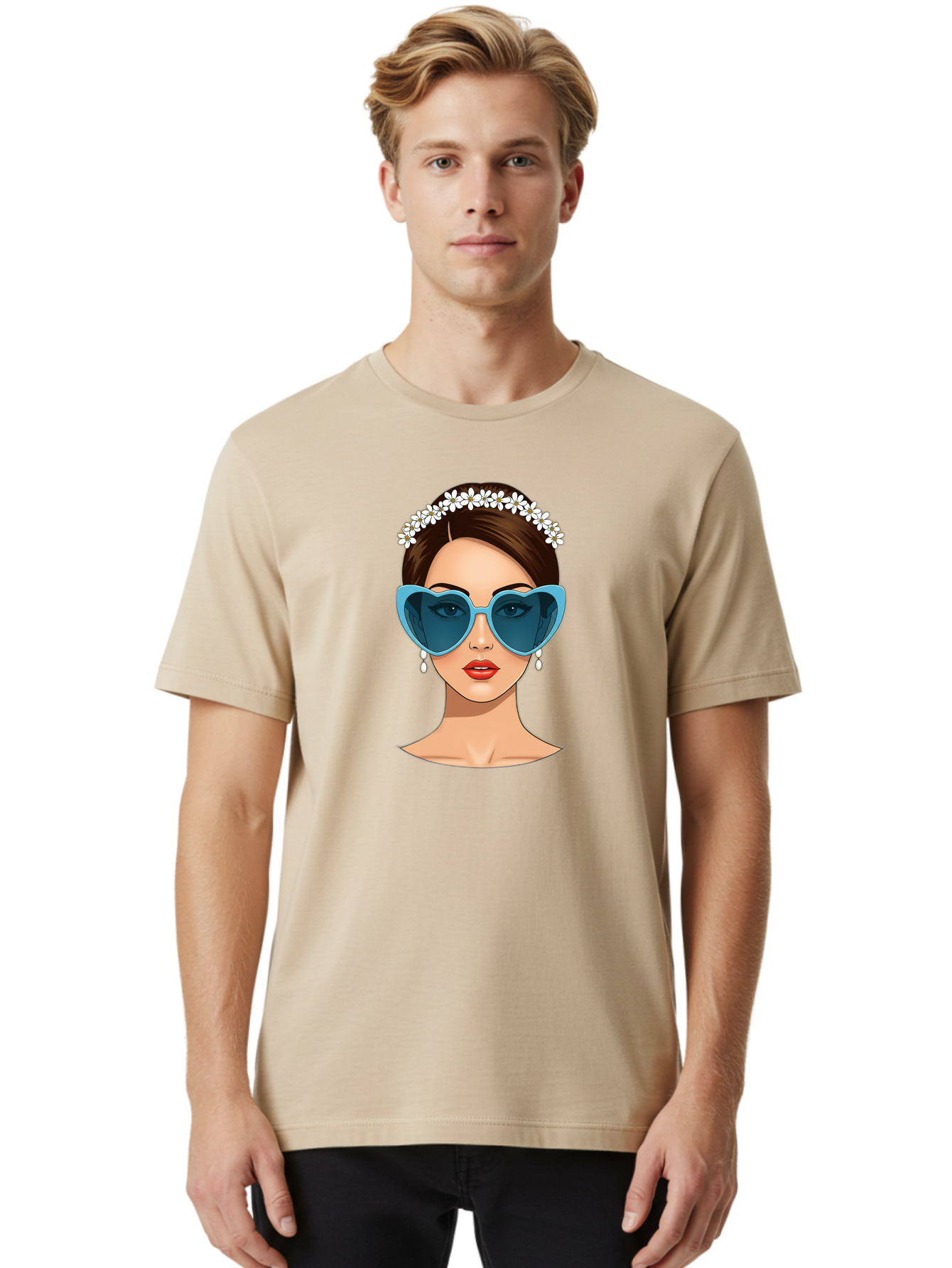 Woman-With-Heart-Shaped-Sunglasses Men'S Graphic Tee, 100% Cotton, Comfortable Casual Summer Wear, Machine Washable, Cartoon Woman, Heart-Shaped Sunglasses, Red Lips, White Floral Headband, Dangling Earrings, Pop Art Style, Bab594 25
