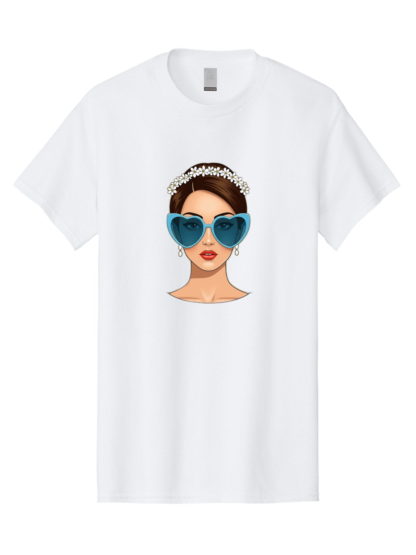 Woman-With-Heart-Shaped-Sunglasses Men'S Graphic Tee, 100% Cotton, Comfortable Casual Summer Wear, Machine Washable, Cartoon Woman, Heart-Shaped Sunglasses, Red Lips, White Floral Headband, Dangling Earrings, Pop Art Style, Bab594 13