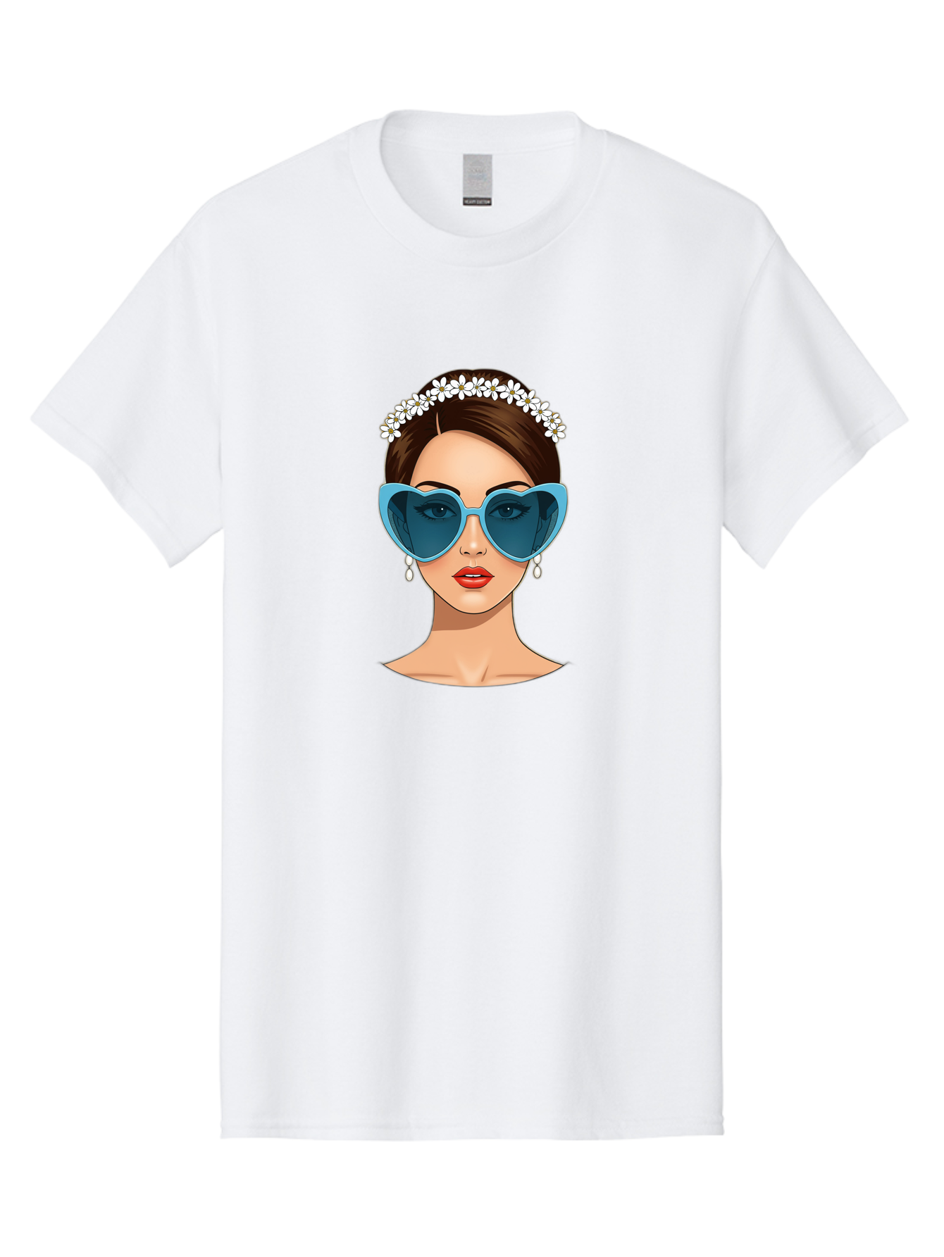 Woman-With-Heart-Shaped-Sunglasses Men'S Graphic Tee, 100% Cotton, Comfortable Casual Summer Wear, Machine Washable, Cartoon Woman, Heart-Shaped Sunglasses, Red Lips, White Floral Headband, Dangling Earrings, Pop Art Style, Bab594 15
