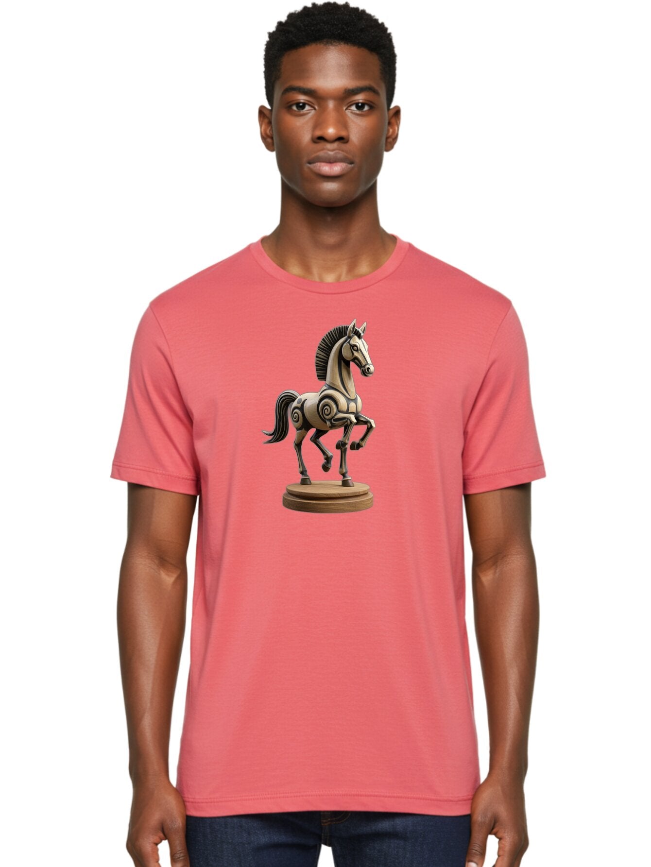 Wooden-Horse-Statue Men'S Graphic Tee, 100% Cotton, Comfortable Casual Summer Wear, Machine Washable, Mechanical Horse, Wooden Horse, Figurine, Horse Sculpture, Decorative Art, Spiral Patterns, Wooden Craftsmanship, Horse Figurine, Bab595 26