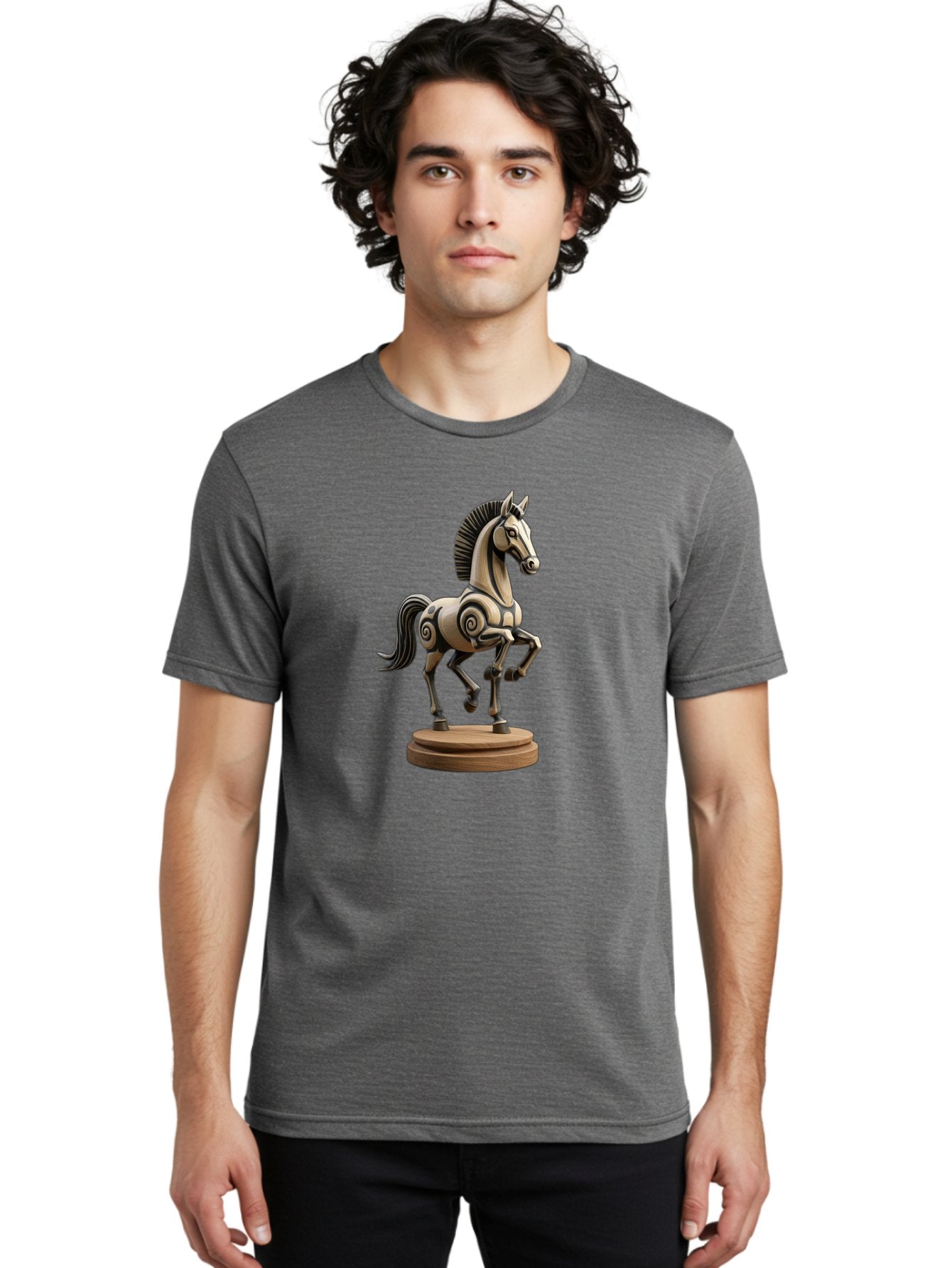Wooden-Horse-Statue Men'S Graphic Tee, 100% Cotton, Comfortable Casual Summer Wear, Machine Washable, Mechanical Horse, Wooden Horse, Figurine, Horse Sculpture, Decorative Art, Spiral Patterns, Wooden Craftsmanship, Horse Figurine, Bab595 22