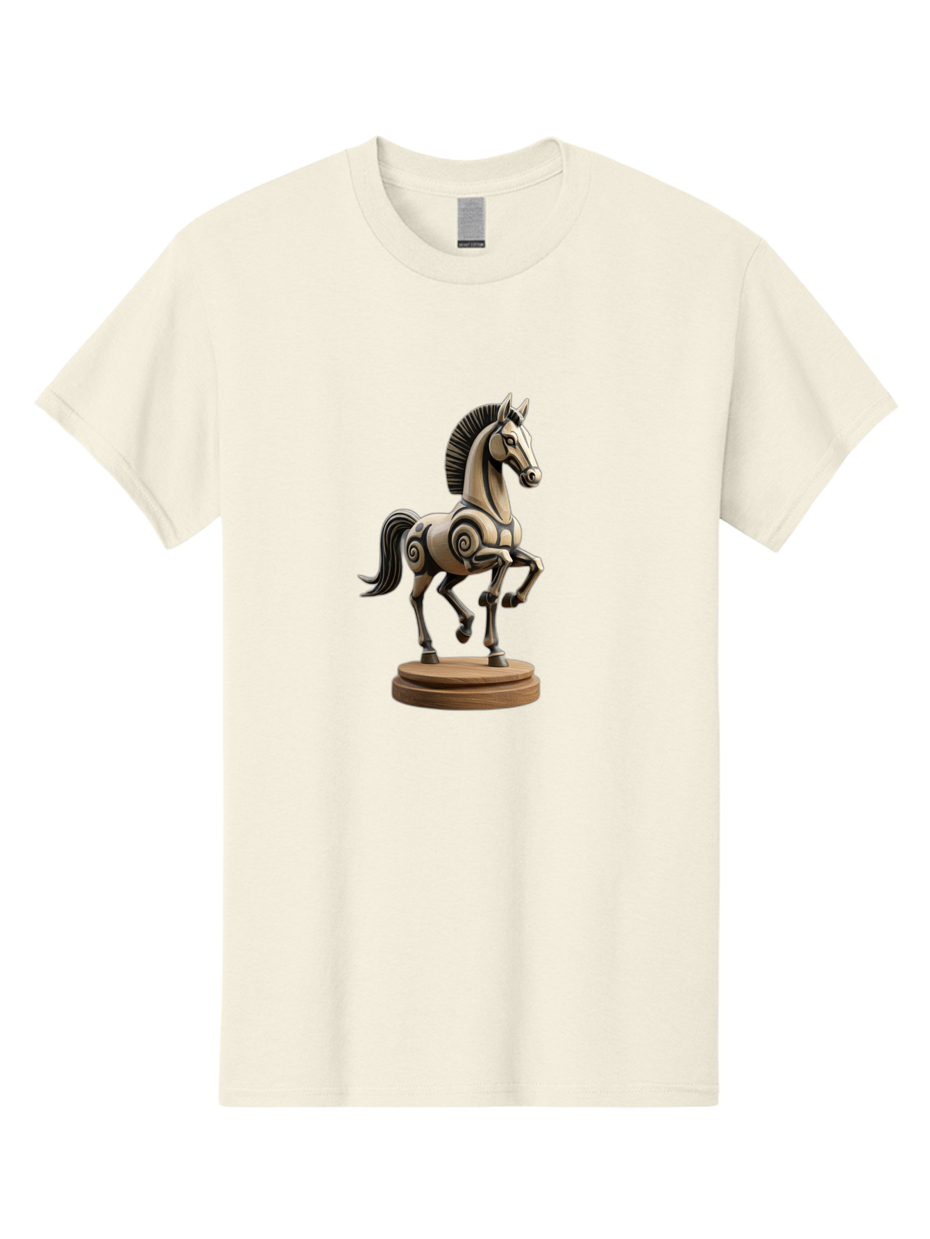Wooden-Horse-Statue Men'S Graphic Tee, 100% Cotton, Comfortable Casual Summer Wear, Machine Washable, Mechanical Horse, Wooden Horse, Figurine, Horse Sculpture, Decorative Art, Spiral Patterns, Wooden Craftsmanship, Horse Figurine, Bab595