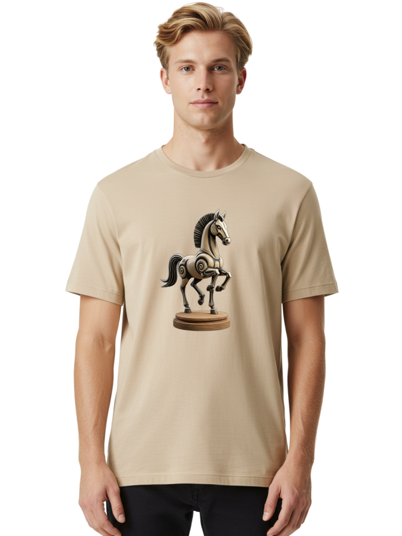 Wooden-Horse-Statue Men'S Graphic Tee, 100% Cotton, Comfortable Casual Summer Wear, Machine Washable, Mechanical Horse, Wooden Horse, Figurine, Horse Sculpture, Decorative Art, Spiral Patterns, Wooden Craftsmanship, Horse Figurine, Bab595 21