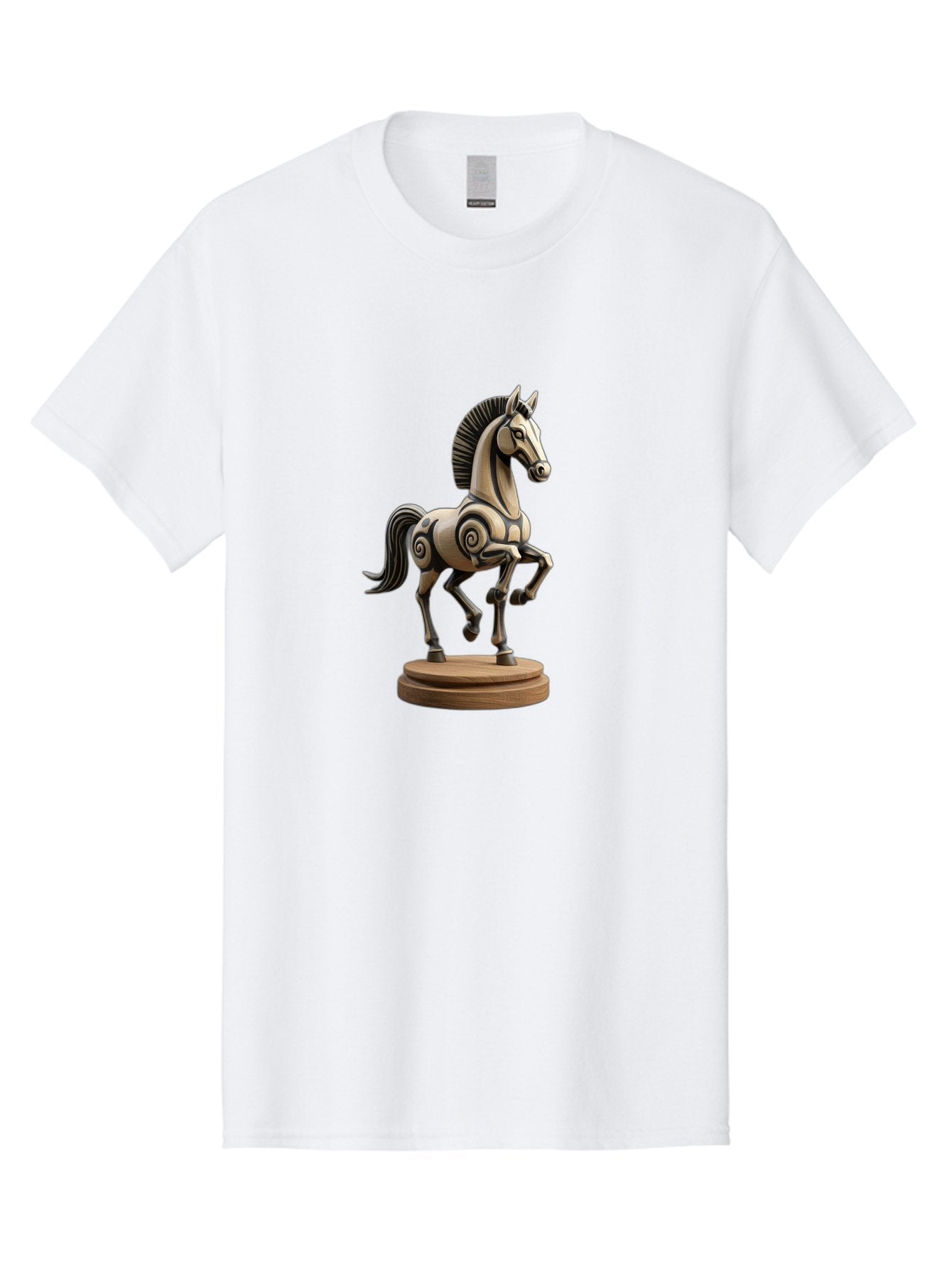 Wooden-Horse-Statue Men'S Graphic Tee, 100% Cotton, Comfortable Casual Summer Wear, Machine Washable, Mechanical Horse, Wooden Horse, Figurine, Horse Sculpture, Decorative Art, Spiral Patterns, Wooden Craftsmanship, Horse Figurine, Bab595