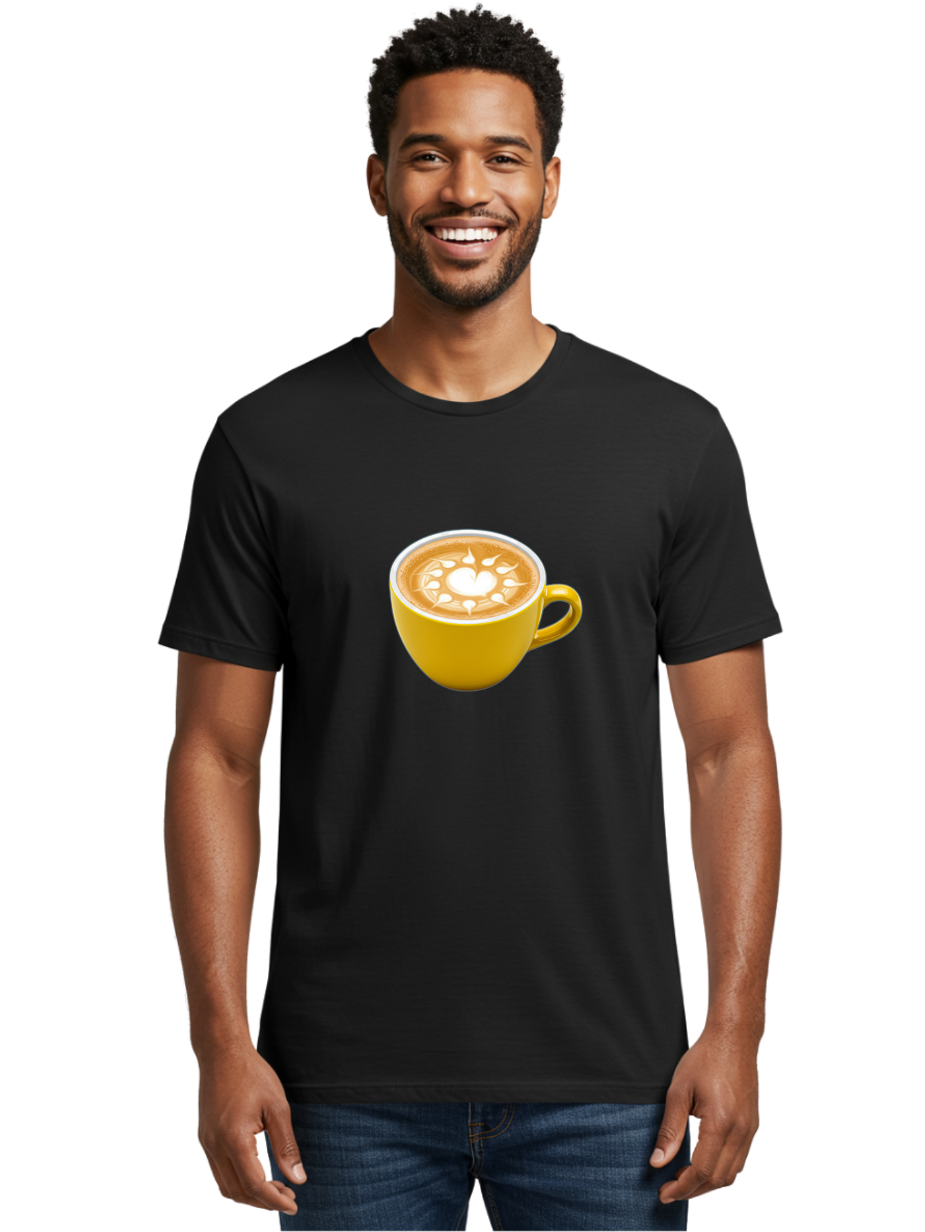 Yellow-Coffee-Cup Men'S Graphic Tee, 100% Cotton, Comfortable Casual Summer Wear, Machine Washable, Cappuccino Coffee, Latte Art, Yellow Mug, Coffee Drink, Foamy Texture, Sun Design, Heart-Shaped Pattern, Morning Coffee, Coffee Culture, Bab599 30