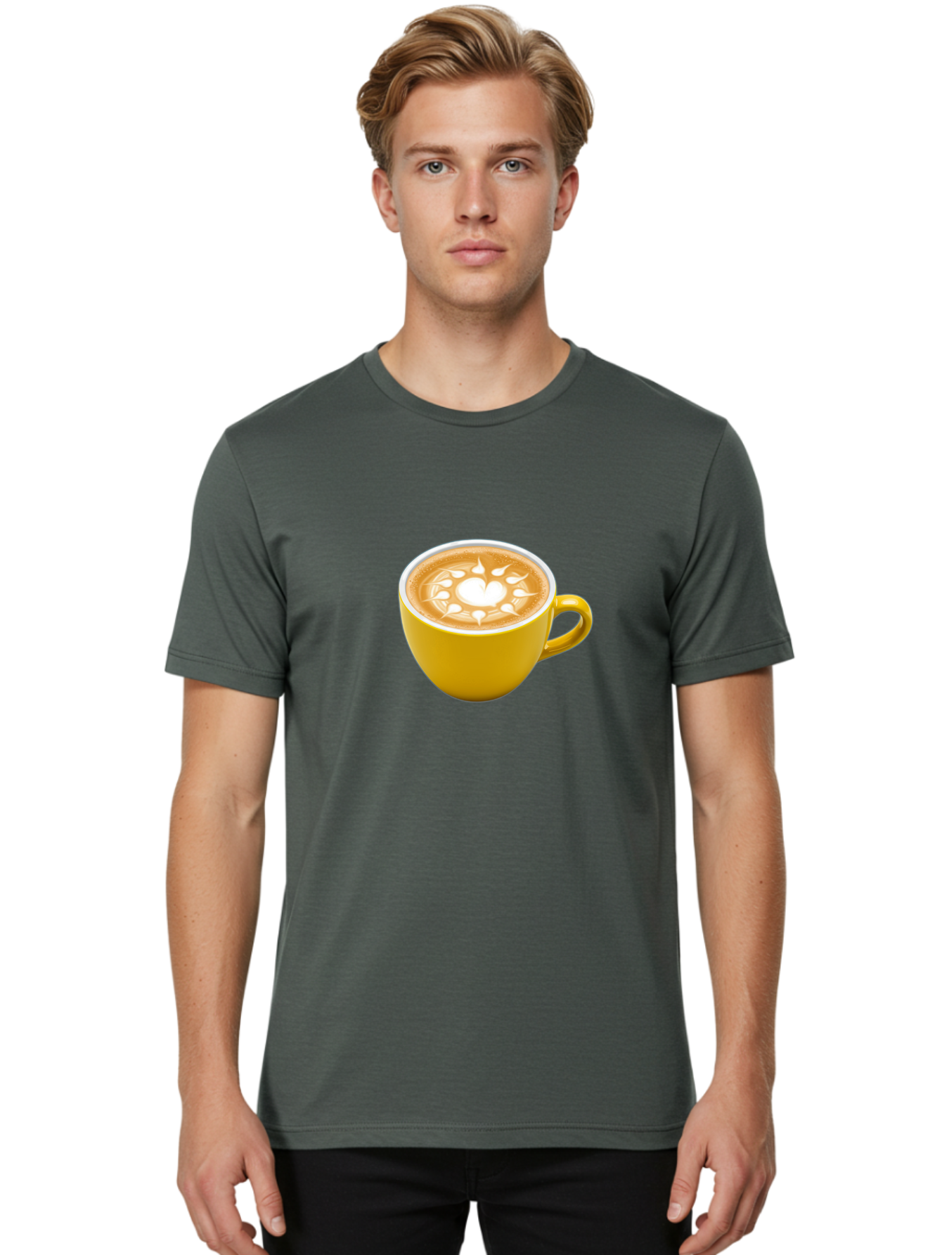 Yellow-Coffee-Cup Men'S Graphic Tee, 100% Cotton, Comfortable Casual Summer Wear, Machine Washable, Cappuccino Coffee, Latte Art, Yellow Mug, Coffee Drink, Foamy Texture, Sun Design, Heart-Shaped Pattern, Morning Coffee, Coffee Culture, Bab599 16