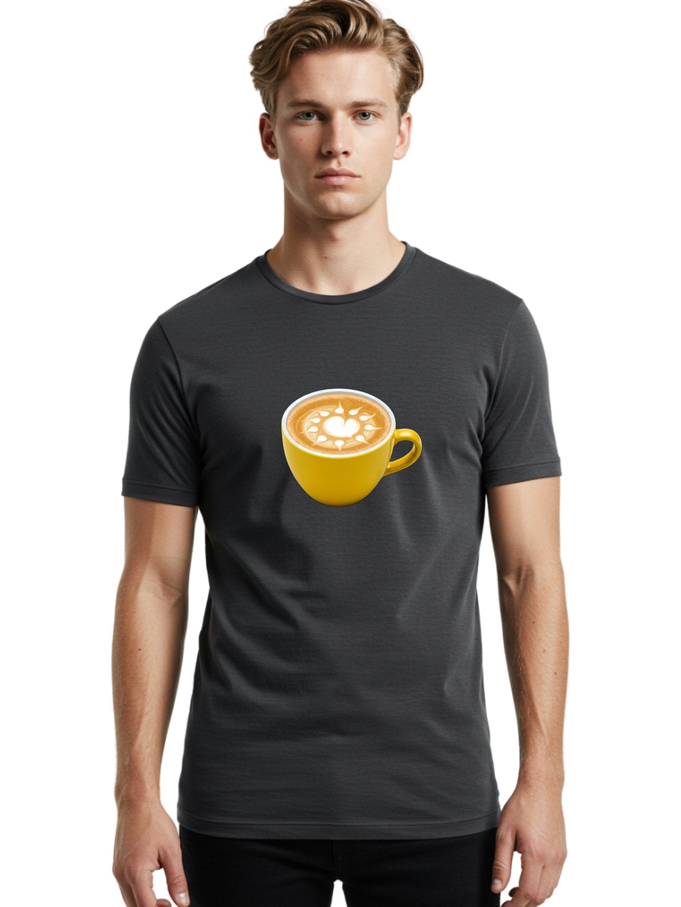 Yellow-Coffee-Cup Men'S Graphic Tee, 100% Cotton, Comfortable Casual Summer Wear, Machine Washable, Cappuccino Coffee, Latte Art, Yellow Mug, Coffee Drink, Foamy Texture, Sun Design, Heart-Shaped Pattern, Morning Coffee, Coffee Culture, Bab599 21
