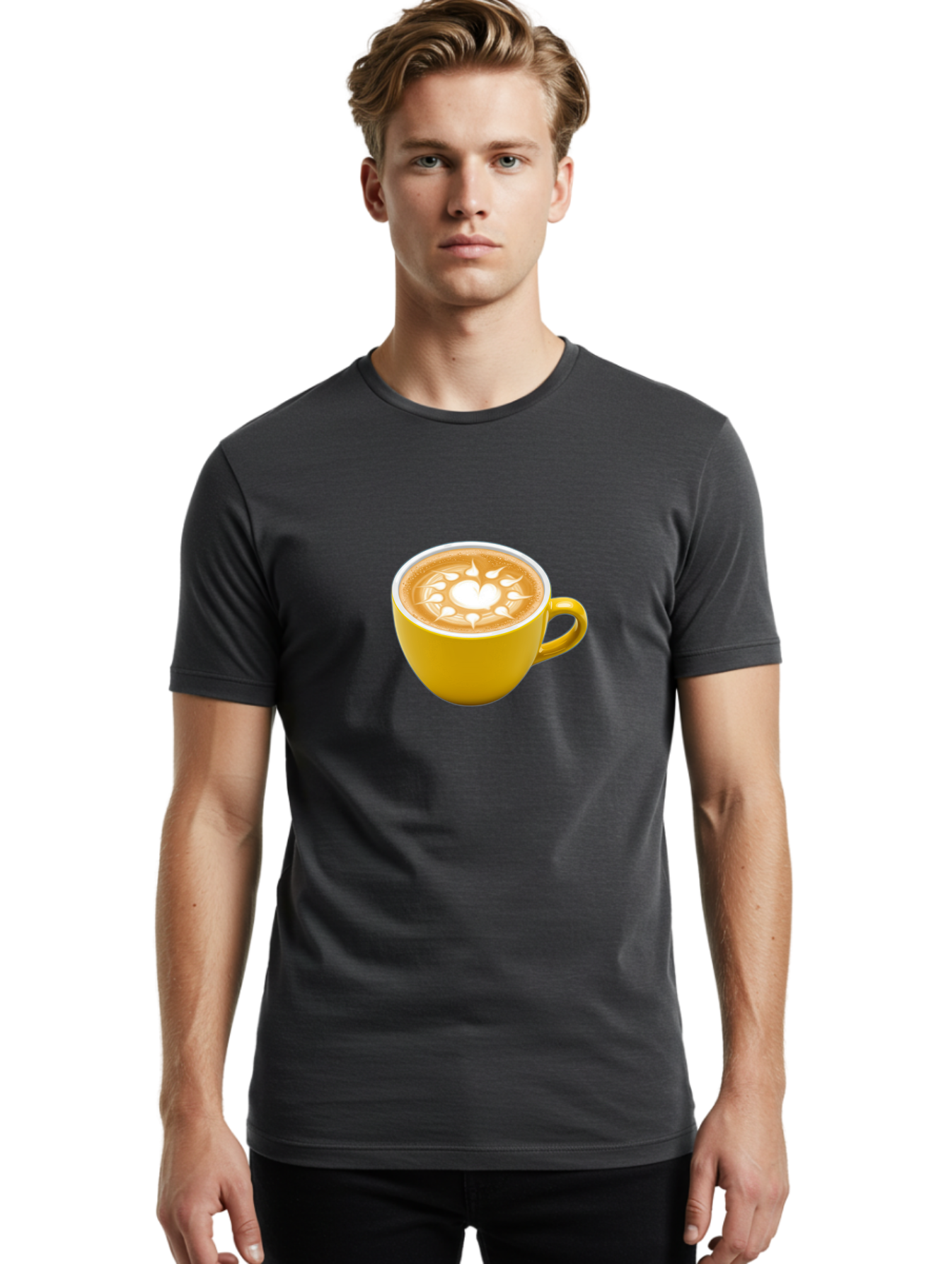 Yellow-Coffee-Cup Men'S Graphic Tee, 100% Cotton, Comfortable Casual Summer Wear, Machine Washable, Cappuccino Coffee, Latte Art, Yellow Mug, Coffee Drink, Foamy Texture, Sun Design, Heart-Shaped Pattern, Morning Coffee, Coffee Culture, Bab599 25