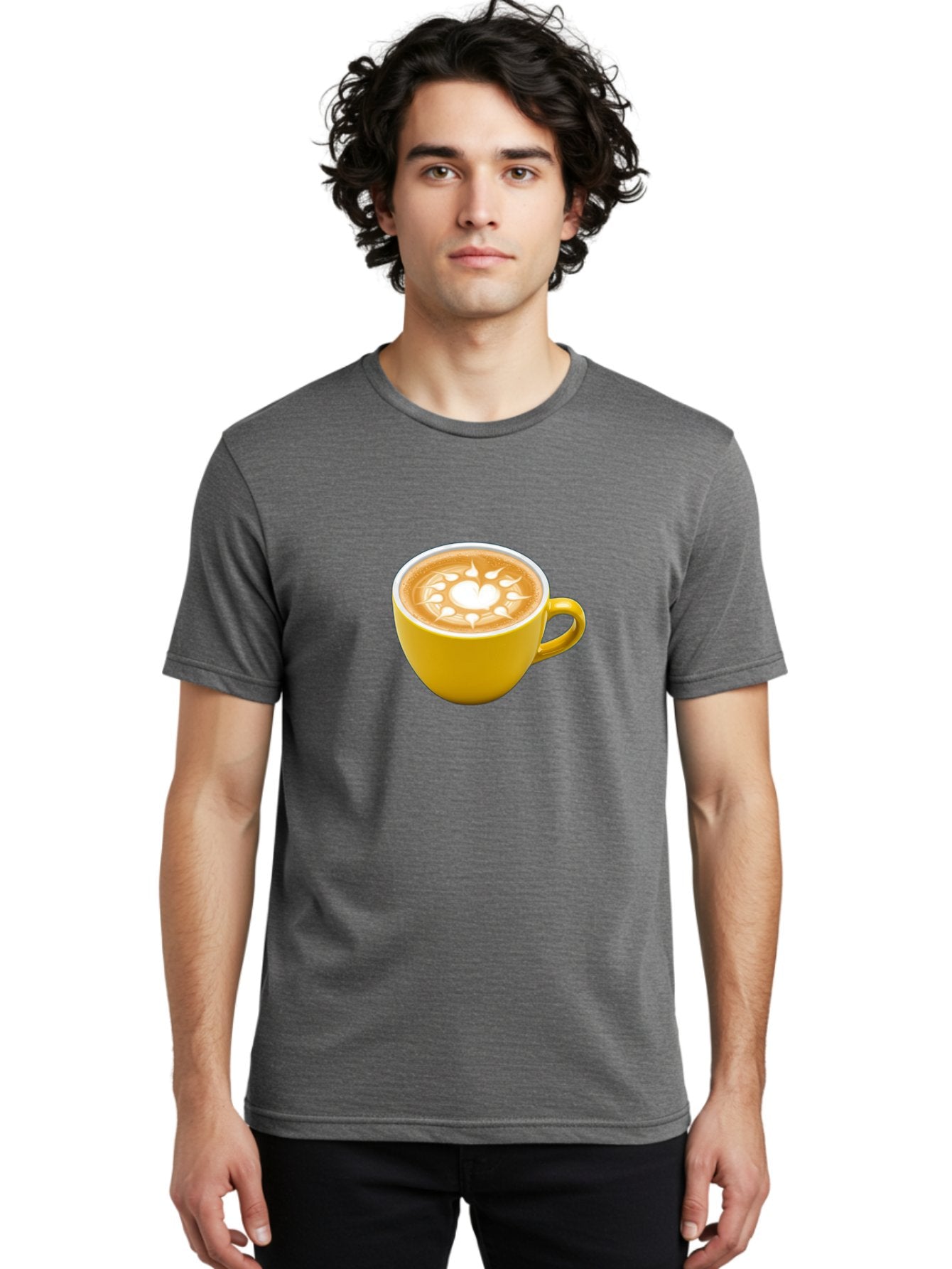 Yellow-Coffee-Cup Men'S Graphic Tee, 100% Cotton, Comfortable Casual Summer Wear, Machine Washable, Cappuccino Coffee, Latte Art, Yellow Mug, Coffee Drink, Foamy Texture, Sun Design, Heart-Shaped Pattern, Morning Coffee, Coffee Culture, Bab599 28