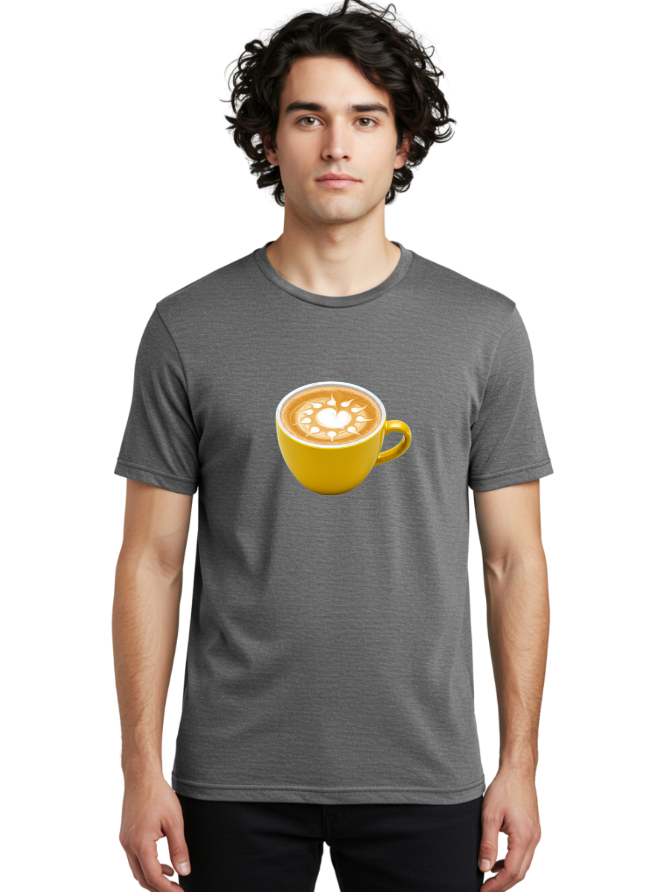 Yellow-Coffee-Cup Men'S Graphic Tee, 100% Cotton, Comfortable Casual Summer Wear, Machine Washable, Cappuccino Coffee, Latte Art, Yellow Mug, Coffee Drink, Foamy Texture, Sun Design, Heart-Shaped Pattern, Morning Coffee, Coffee Culture, Bab599 18