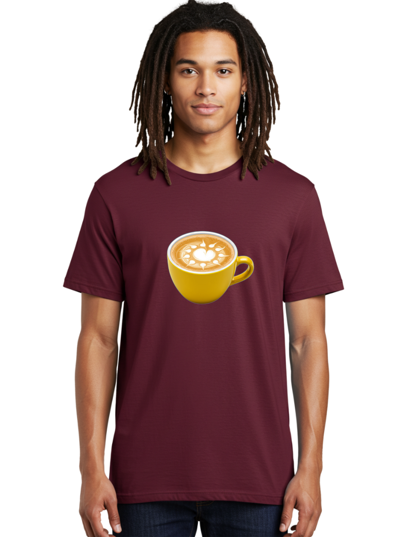 Yellow-Coffee-Cup Men'S Graphic Tee, 100% Cotton, Comfortable Casual Summer Wear, Machine Washable, Cappuccino Coffee, Latte Art, Yellow Mug, Coffee Drink, Foamy Texture, Sun Design, Heart-Shaped Pattern, Morning Coffee, Coffee Culture, Bab599 24