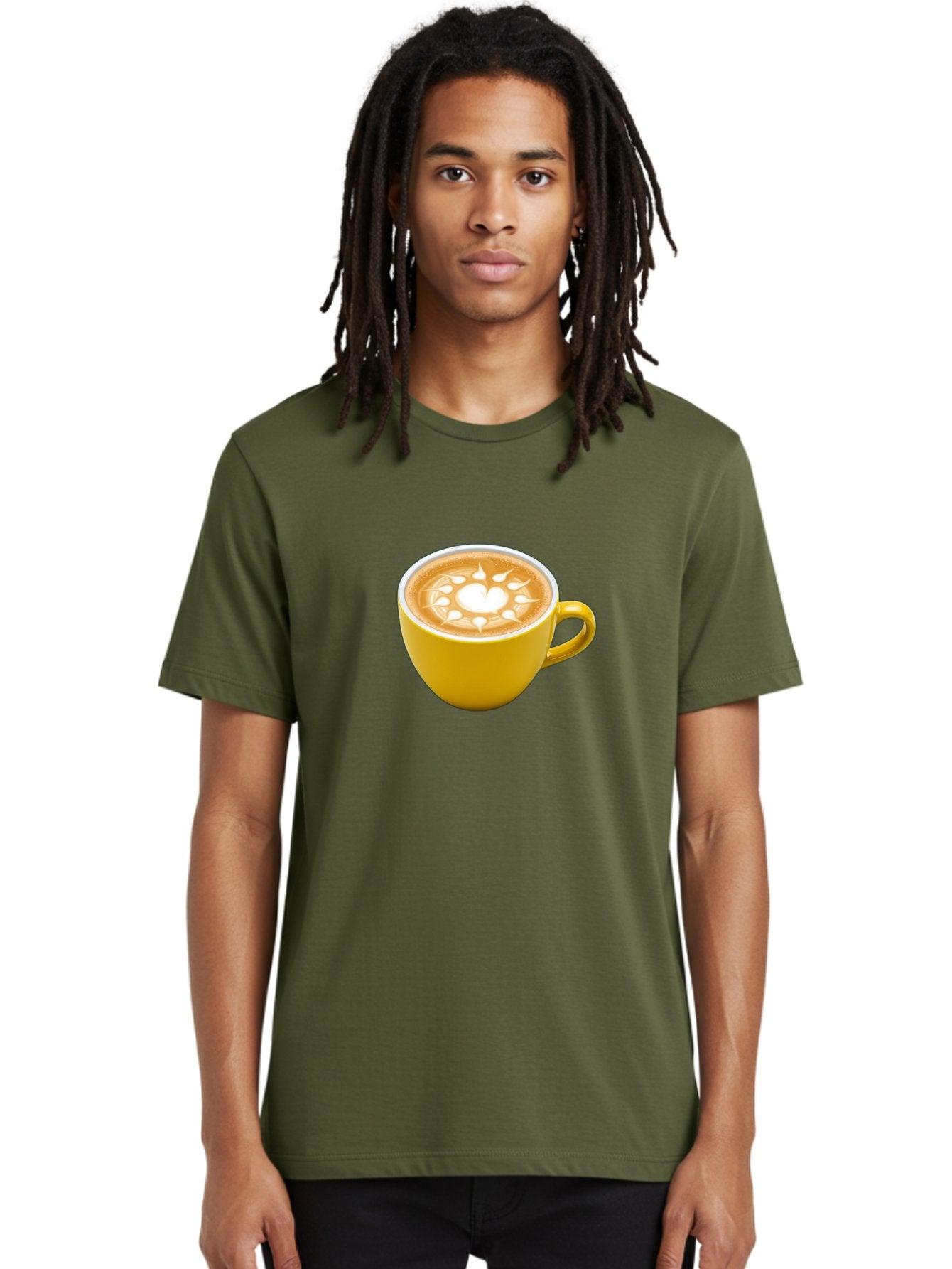 Yellow-Coffee-Cup Men'S Graphic Tee, 100% Cotton, Comfortable Casual Summer Wear, Machine Washable, Cappuccino Coffee, Latte Art, Yellow Mug, Coffee Drink, Foamy Texture, Sun Design, Heart-Shaped Pattern, Morning Coffee, Coffee Culture, Bab599 29