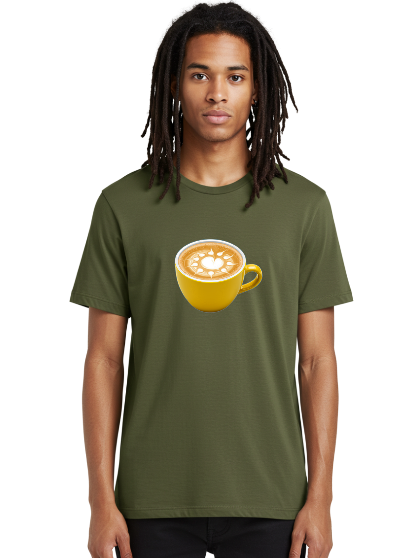 Yellow-Coffee-Cup Men'S Graphic Tee, 100% Cotton, Comfortable Casual Summer Wear, Machine Washable, Cappuccino Coffee, Latte Art, Yellow Mug, Coffee Drink, Foamy Texture, Sun Design, Heart-Shaped Pattern, Morning Coffee, Coffee Culture, Bab599 17