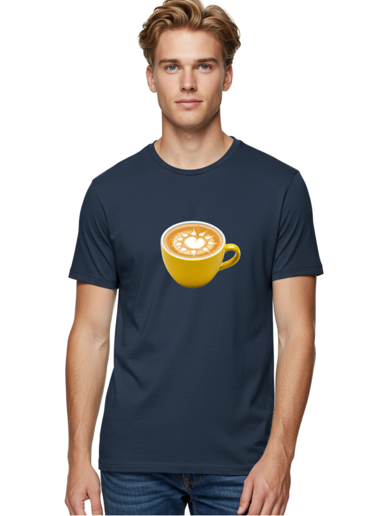Yellow-Coffee-Cup Men'S Graphic Tee, 100% Cotton, Comfortable Casual Summer Wear, Machine Washable, Cappuccino Coffee, Latte Art, Yellow Mug, Coffee Drink, Foamy Texture, Sun Design, Heart-Shaped Pattern, Morning Coffee, Coffee Culture, Bab599 27