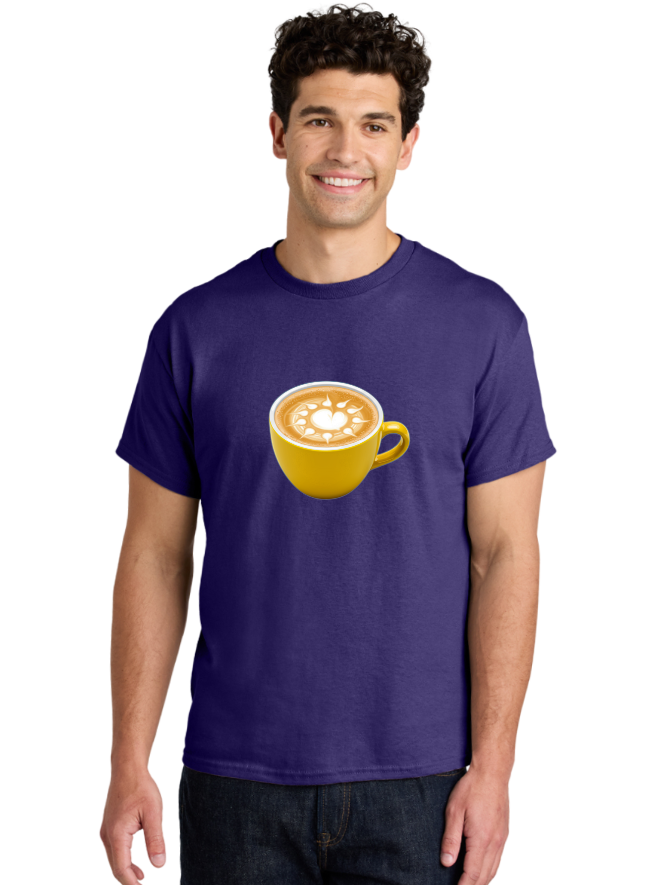 Yellow-Coffee-Cup Men'S Graphic Tee, 100% Cotton, Comfortable Casual Summer Wear, Machine Washable, Cappuccino Coffee, Latte Art, Yellow Mug, Coffee Drink, Foamy Texture, Sun Design, Heart-Shaped Pattern, Morning Coffee, Coffee Culture, Bab599 21