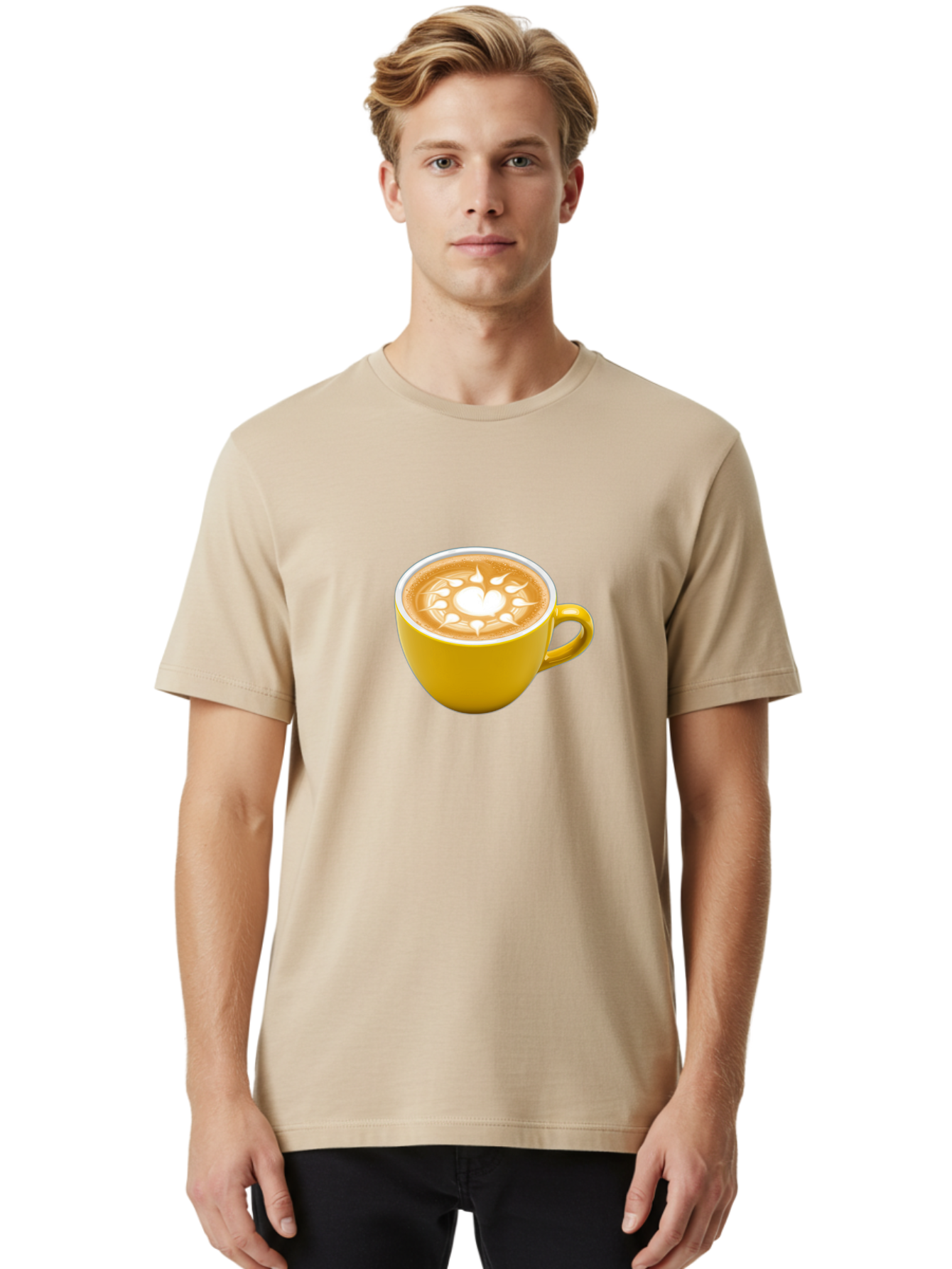 Yellow-Coffee-Cup Men'S Graphic Tee, 100% Cotton, Comfortable Casual Summer Wear, Machine Washable, Cappuccino Coffee, Latte Art, Yellow Mug, Coffee Drink, Foamy Texture, Sun Design, Heart-Shaped Pattern, Morning Coffee, Coffee Culture, Bab599 23