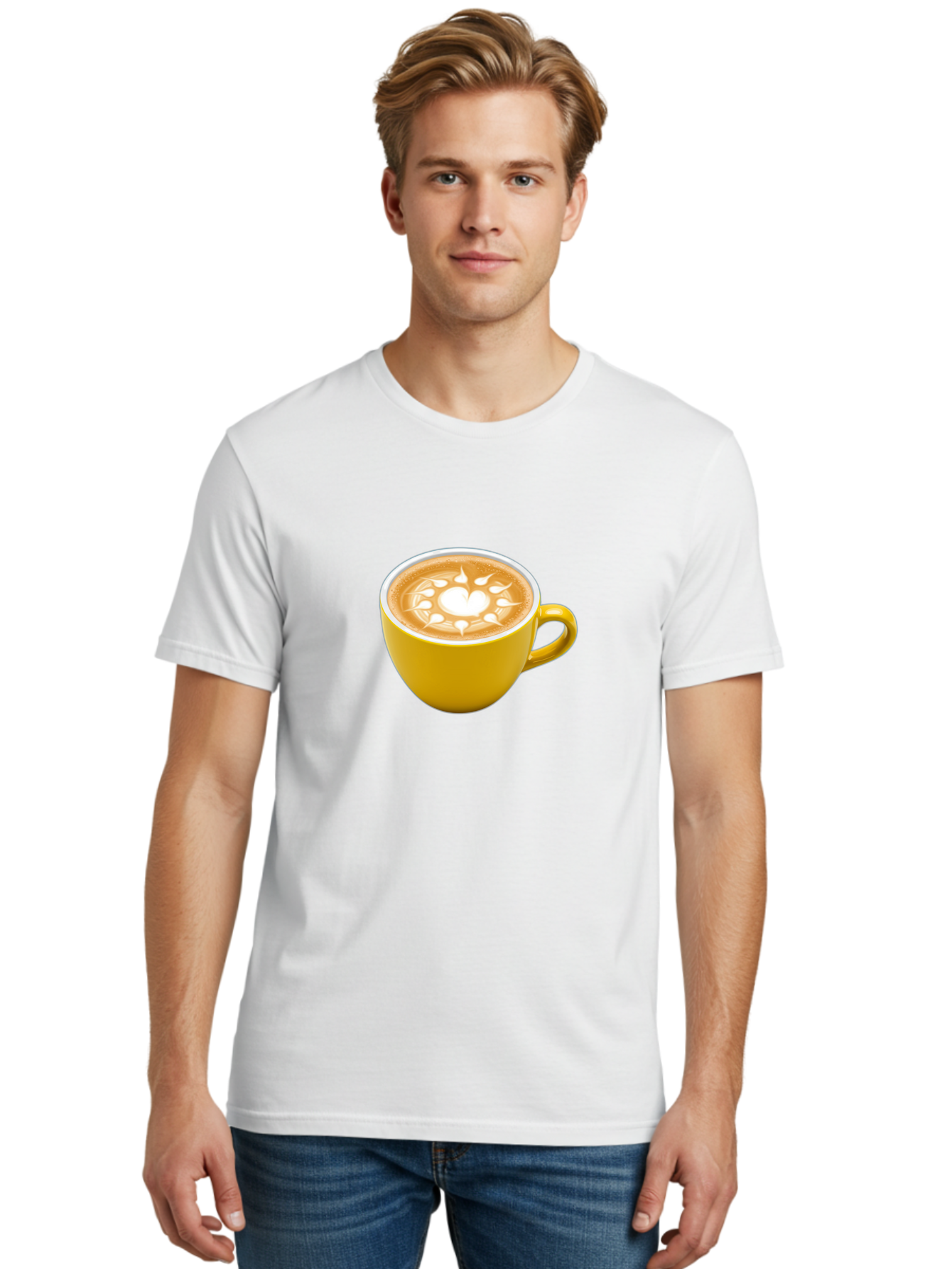 Yellow-Coffee-Cup Men'S Graphic Tee, 100% Cotton, Comfortable Casual Summer Wear, Machine Washable, Cappuccino Coffee, Latte Art, Yellow Mug, Coffee Drink, Foamy Texture, Sun Design, Heart-Shaped Pattern, Morning Coffee, Coffee Culture, Bab599 22