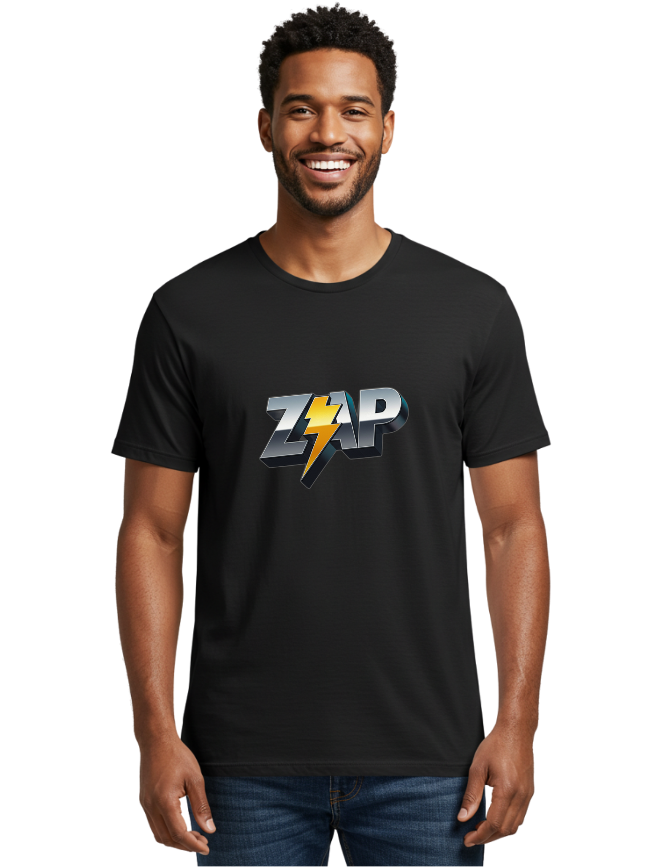 Zap Men'S Graphic Tee, 100% Cotton, Comfortable Casual Summer Wear, Machine Washable, Electrifying Logo, Bold Typography, Dynamic Design, Lightning Bolt, Modern Graphics, Energetic Vibe, Trendy Aesthetics, Silver And Gold Colors, 3D Effect, Bab600 21