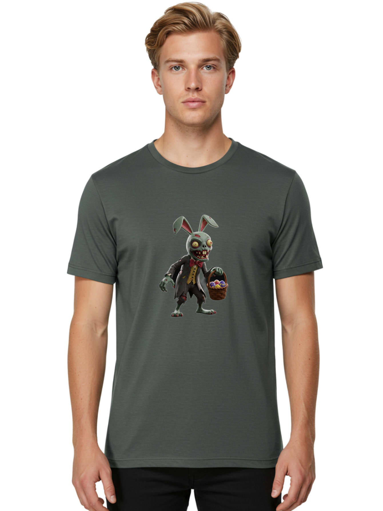 Zombie-Bunny Men'S Graphic Tee, 100% Cotton, Comfortable Casual Summer Wear, Machine Washable, Zombie Easter Bunny, Undead Rabbit, Easter Eggs, Horror Bunny, Creepy Rabbit, Zombie Character, Easter Basket, Colorful Eggs, Spooky Easter, Bab601 25