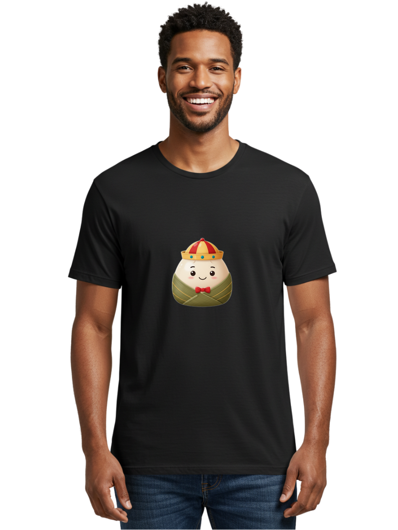 Zongzi-2 Men'S Graphic Tee, 100% Cotton, Comfortable Casual Summer Wear, Machine Washable, Bakra Wong, Cartoon Character, Dumpling, Steamed Bun, Red Bow Tie, Yellow Crown, Red And Yellow Hat, Blue Gems, Kawaii, Cute, Smiling Face, Bab603 17