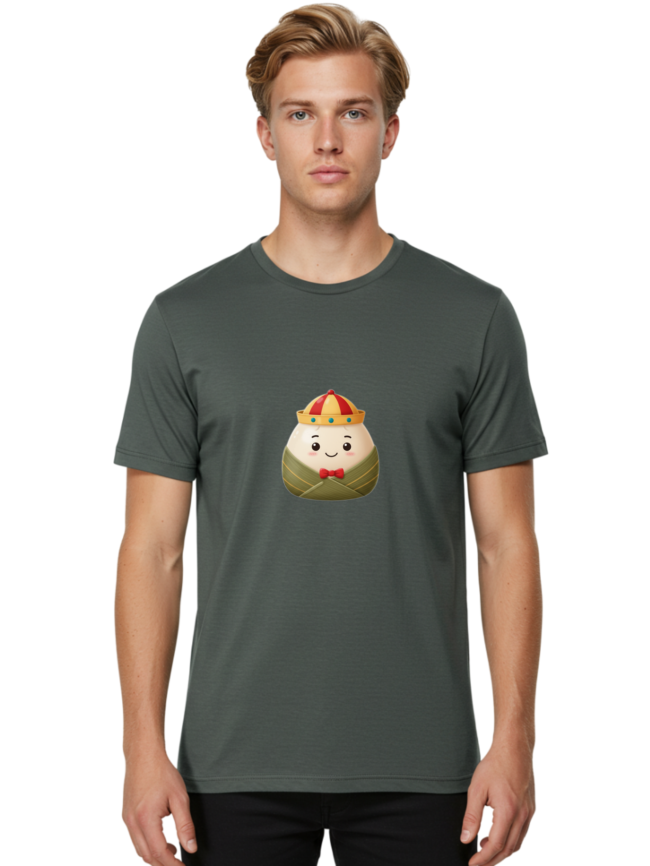 Zongzi-2 Men'S Graphic Tee, 100% Cotton, Comfortable Casual Summer Wear, Machine Washable, Bakra Wong, Cartoon Character, Dumpling, Steamed Bun, Red Bow Tie, Yellow Crown, Red And Yellow Hat, Blue Gems, Kawaii, Cute, Smiling Face, Bab603 30