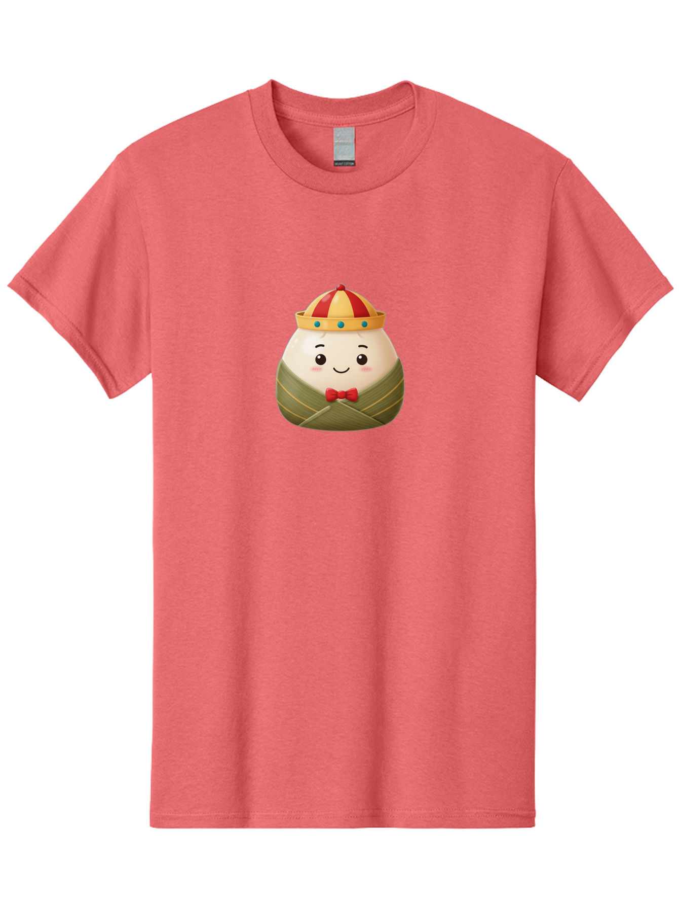 Zongzi-2 Men'S Graphic Tee, 100% Cotton, Comfortable Casual Summer Wear, Machine Washable, Bakra Wong, Cartoon Character, Dumpling, Steamed Bun, Red Bow Tie, Yellow Crown, Red And Yellow Hat, Blue Gems, Kawaii, Cute, Smiling Face, Bab603 12
