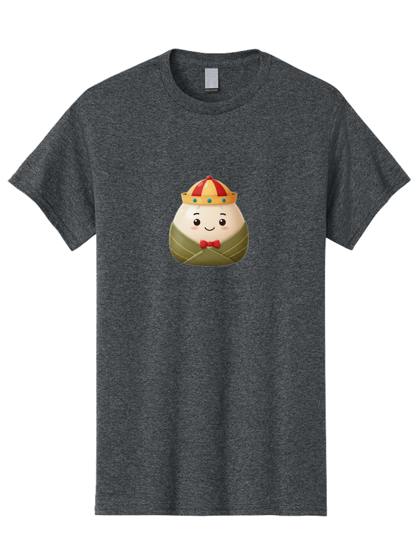 Zongzi-2 Men'S Graphic Tee, 100% Cotton, Comfortable Casual Summer Wear, Machine Washable, Bakra Wong, Cartoon Character, Dumpling, Steamed Bun, Red Bow Tie, Yellow Crown, Red And Yellow Hat, Blue Gems, Kawaii, Cute, Smiling Face, Bab603