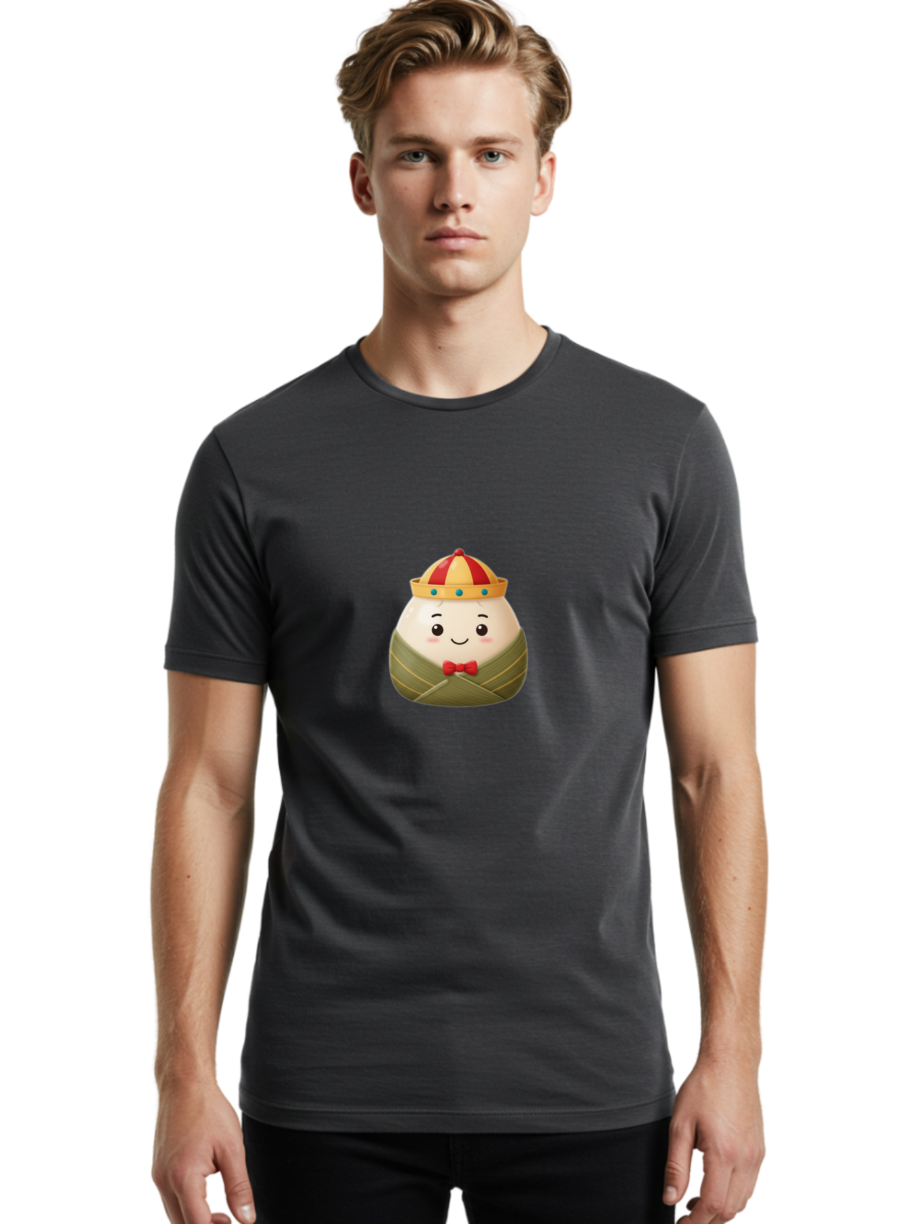 Zongzi-2 Men'S Graphic Tee, 100% Cotton, Comfortable Casual Summer Wear, Machine Washable, Bakra Wong, Cartoon Character, Dumpling, Steamed Bun, Red Bow Tie, Yellow Crown, Red And Yellow Hat, Blue Gems, Kawaii, Cute, Smiling Face, Bab603 16