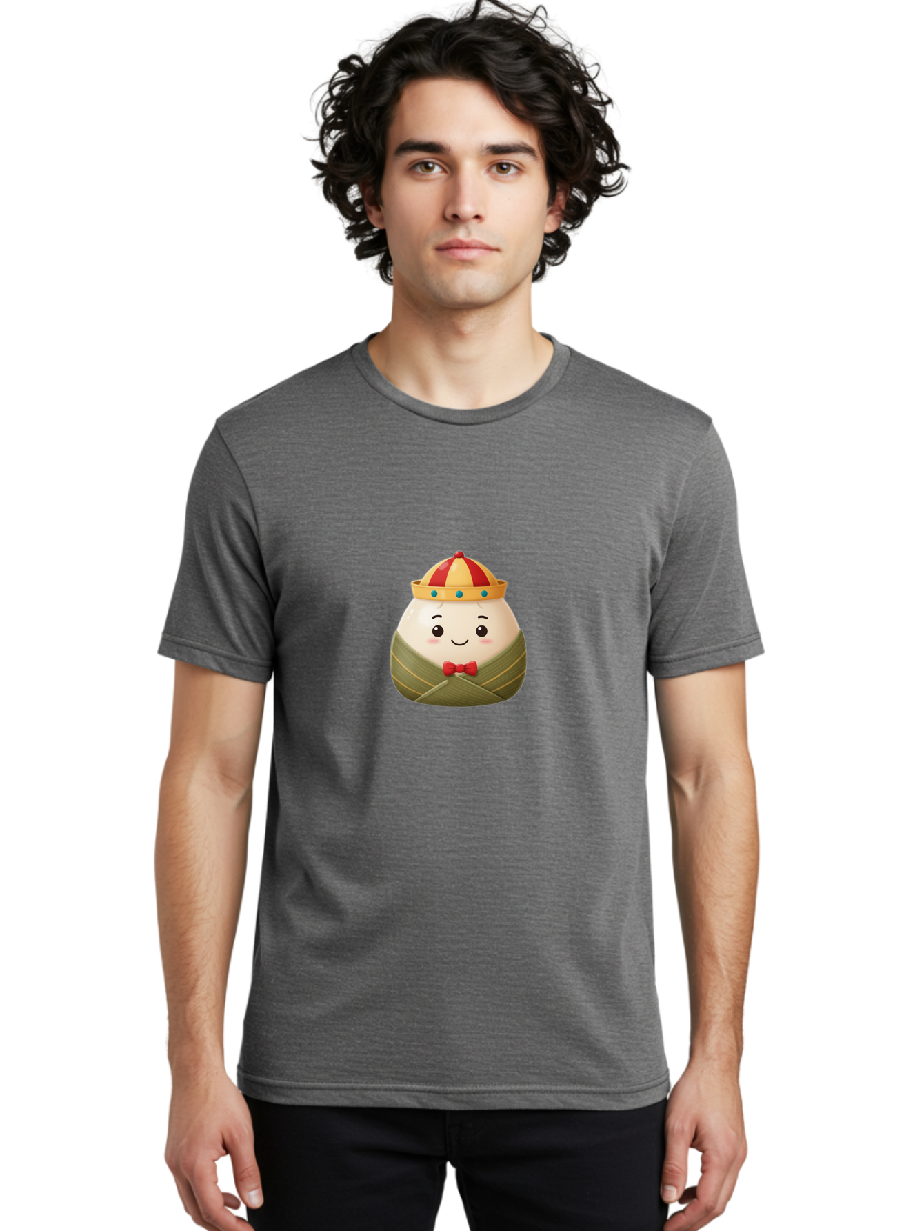 Zongzi-2 Men'S Graphic Tee, 100% Cotton, Comfortable Casual Summer Wear, Machine Washable, Bakra Wong, Cartoon Character, Dumpling, Steamed Bun, Red Bow Tie, Yellow Crown, Red And Yellow Hat, Blue Gems, Kawaii, Cute, Smiling Face, Bab603 18
