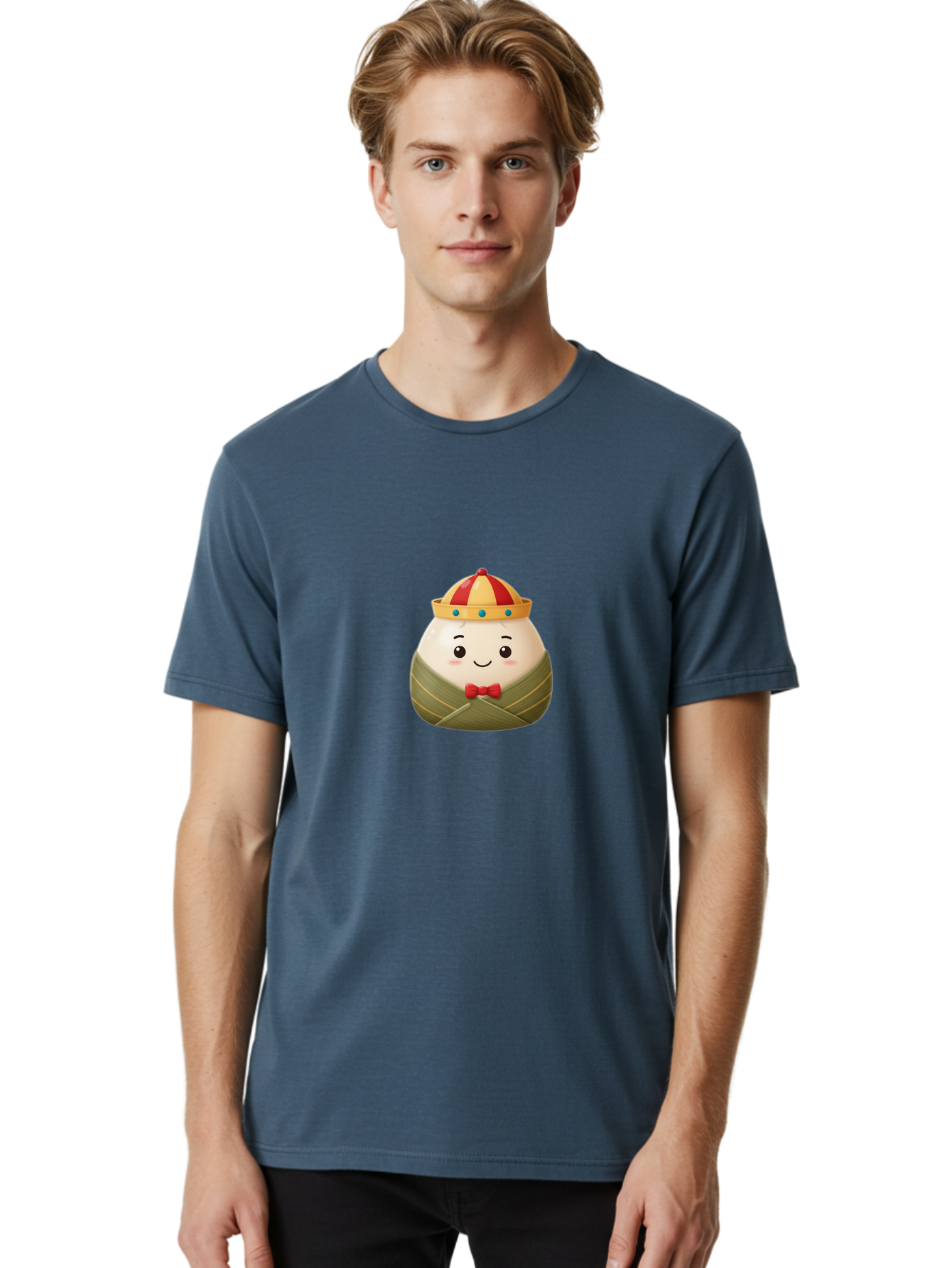 Zongzi-2 Men'S Graphic Tee, 100% Cotton, Comfortable Casual Summer Wear, Machine Washable, Bakra Wong, Cartoon Character, Dumpling, Steamed Bun, Red Bow Tie, Yellow Crown, Red And Yellow Hat, Blue Gems, Kawaii, Cute, Smiling Face, Bab603 24