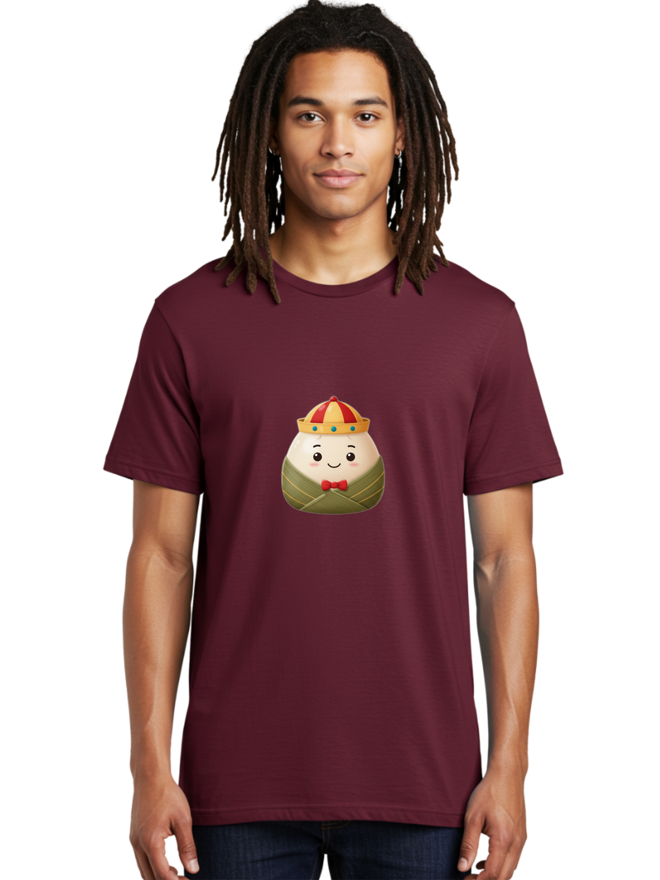 Zongzi-2 Men'S Graphic Tee, 100% Cotton, Comfortable Casual Summer Wear, Machine Washable, Bakra Wong, Cartoon Character, Dumpling, Steamed Bun, Red Bow Tie, Yellow Crown, Red And Yellow Hat, Blue Gems, Kawaii, Cute, Smiling Face, Bab603 22