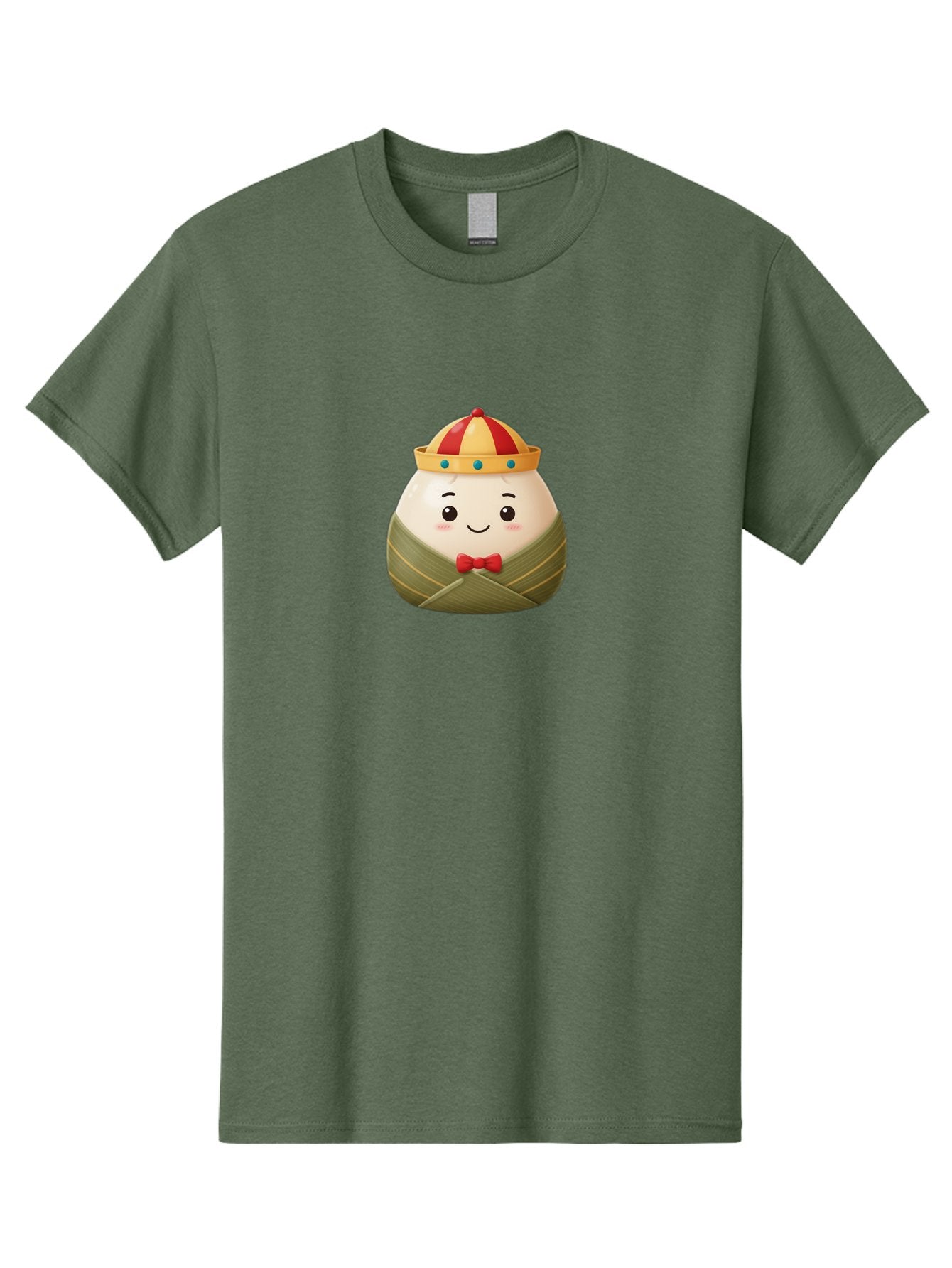 Zongzi-2 Men'S Graphic Tee, 100% Cotton, Comfortable Casual Summer Wear, Machine Washable, Bakra Wong, Cartoon Character, Dumpling, Steamed Bun, Red Bow Tie, Yellow Crown, Red And Yellow Hat, Blue Gems, Kawaii, Cute, Smiling Face, Bab603
