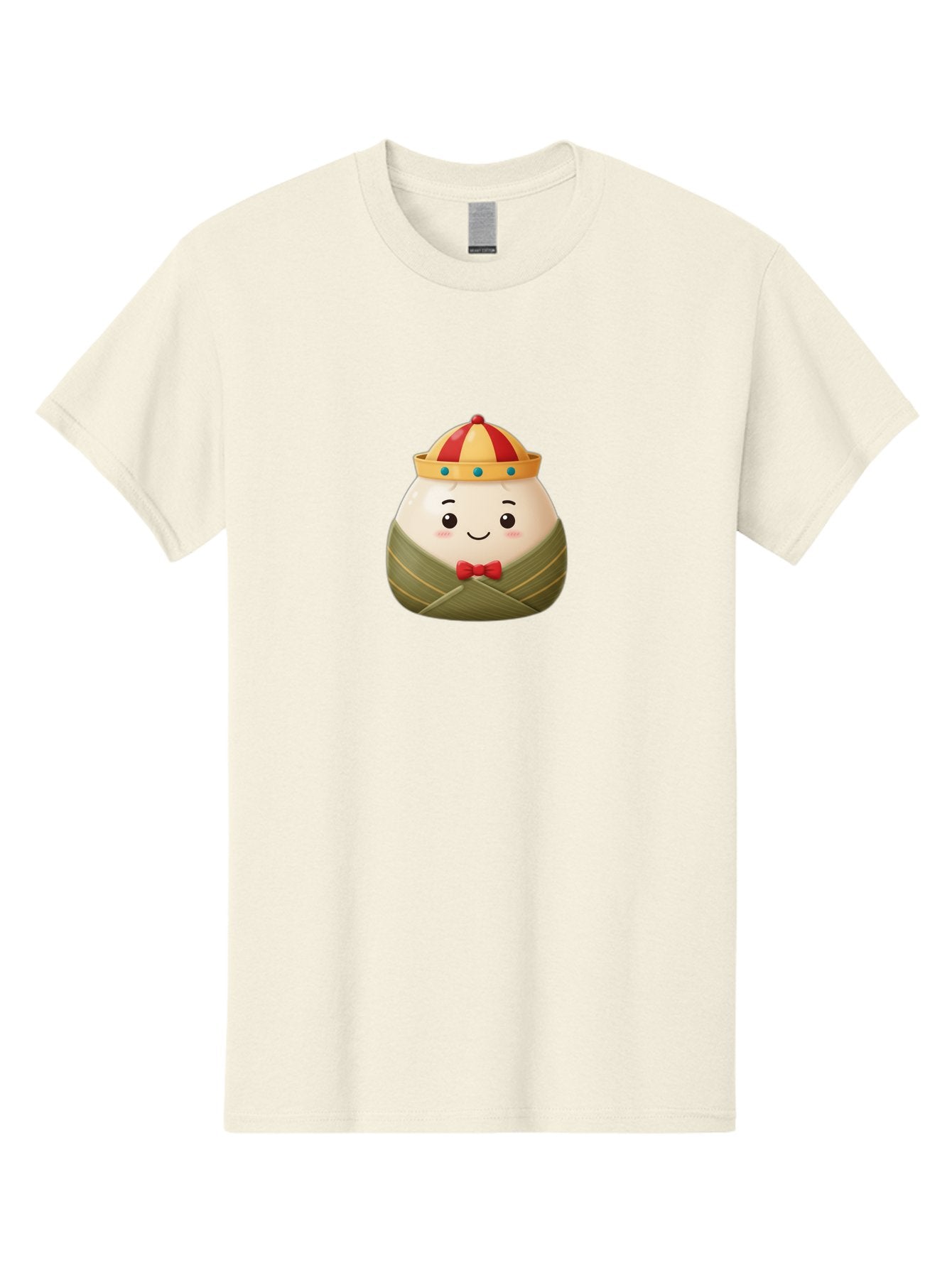 Zongzi-2 Men'S Graphic Tee, 100% Cotton, Comfortable Casual Summer Wear, Machine Washable, Bakra Wong, Cartoon Character, Dumpling, Steamed Bun, Red Bow Tie, Yellow Crown, Red And Yellow Hat, Blue Gems, Kawaii, Cute, Smiling Face, Bab603 5