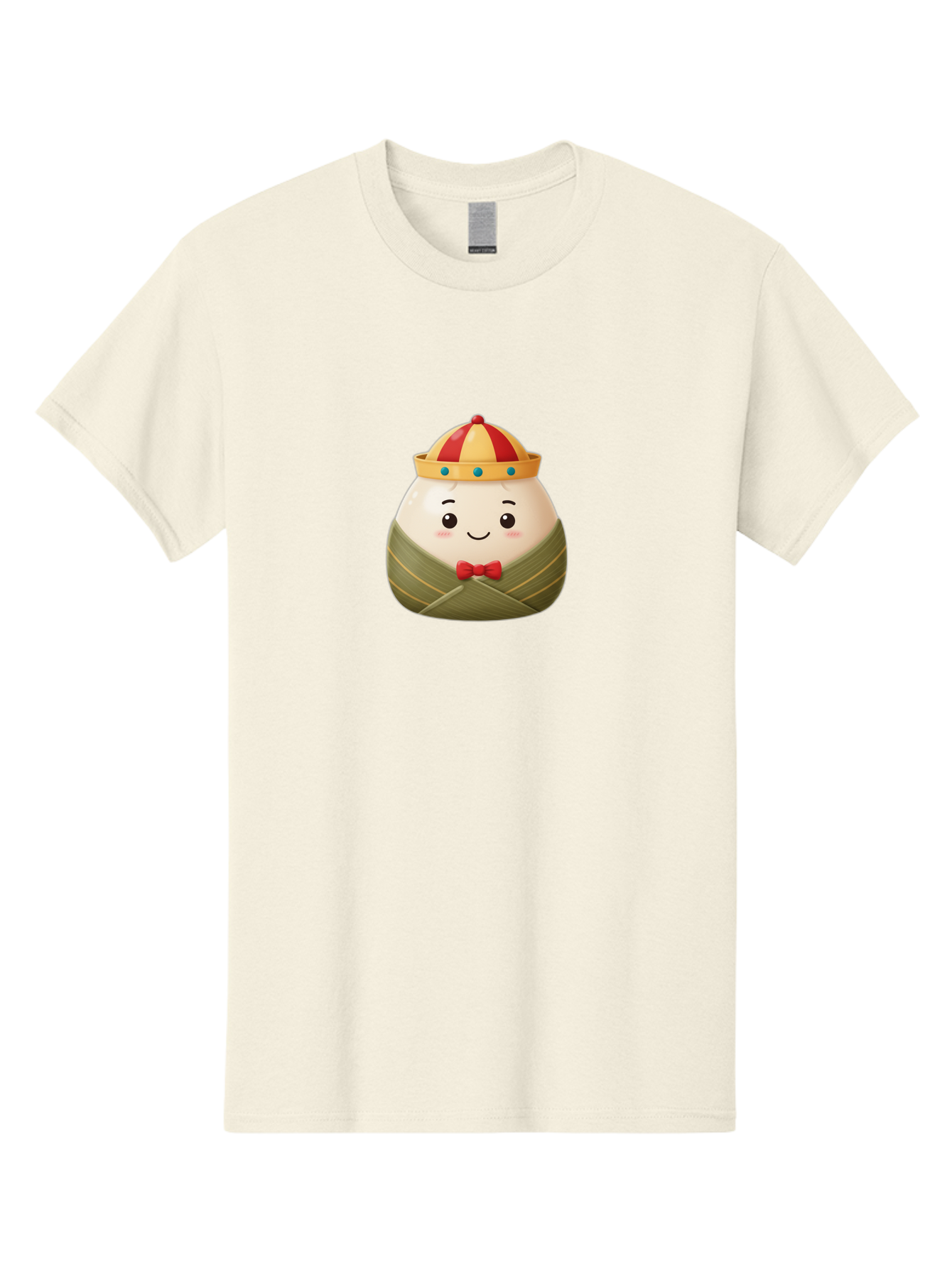 Zongzi-2 Men'S Graphic Tee, 100% Cotton, Comfortable Casual Summer Wear, Machine Washable, Bakra Wong, Cartoon Character, Dumpling, Steamed Bun, Red Bow Tie, Yellow Crown, Red And Yellow Hat, Blue Gems, Kawaii, Cute, Smiling Face, Bab603 8