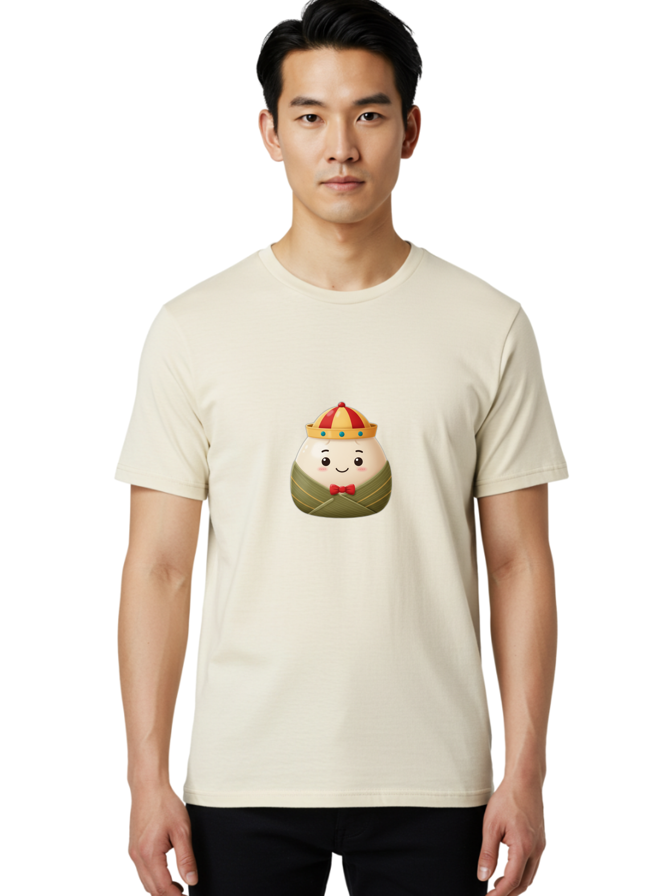Zongzi-2 Men'S Graphic Tee, 100% Cotton, Comfortable Casual Summer Wear, Machine Washable, Bakra Wong, Cartoon Character, Dumpling, Steamed Bun, Red Bow Tie, Yellow Crown, Red And Yellow Hat, Blue Gems, Kawaii, Cute, Smiling Face, Bab603 23