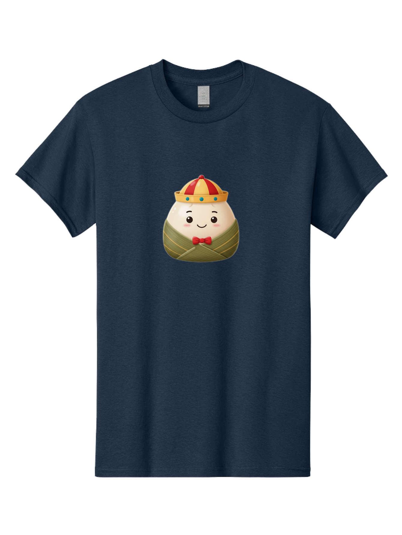 Zongzi-2 Men'S Graphic Tee, 100% Cotton, Comfortable Casual Summer Wear, Machine Washable, Bakra Wong, Cartoon Character, Dumpling, Steamed Bun, Red Bow Tie, Yellow Crown, Red And Yellow Hat, Blue Gems, Kawaii, Cute, Smiling Face, Bab603 4