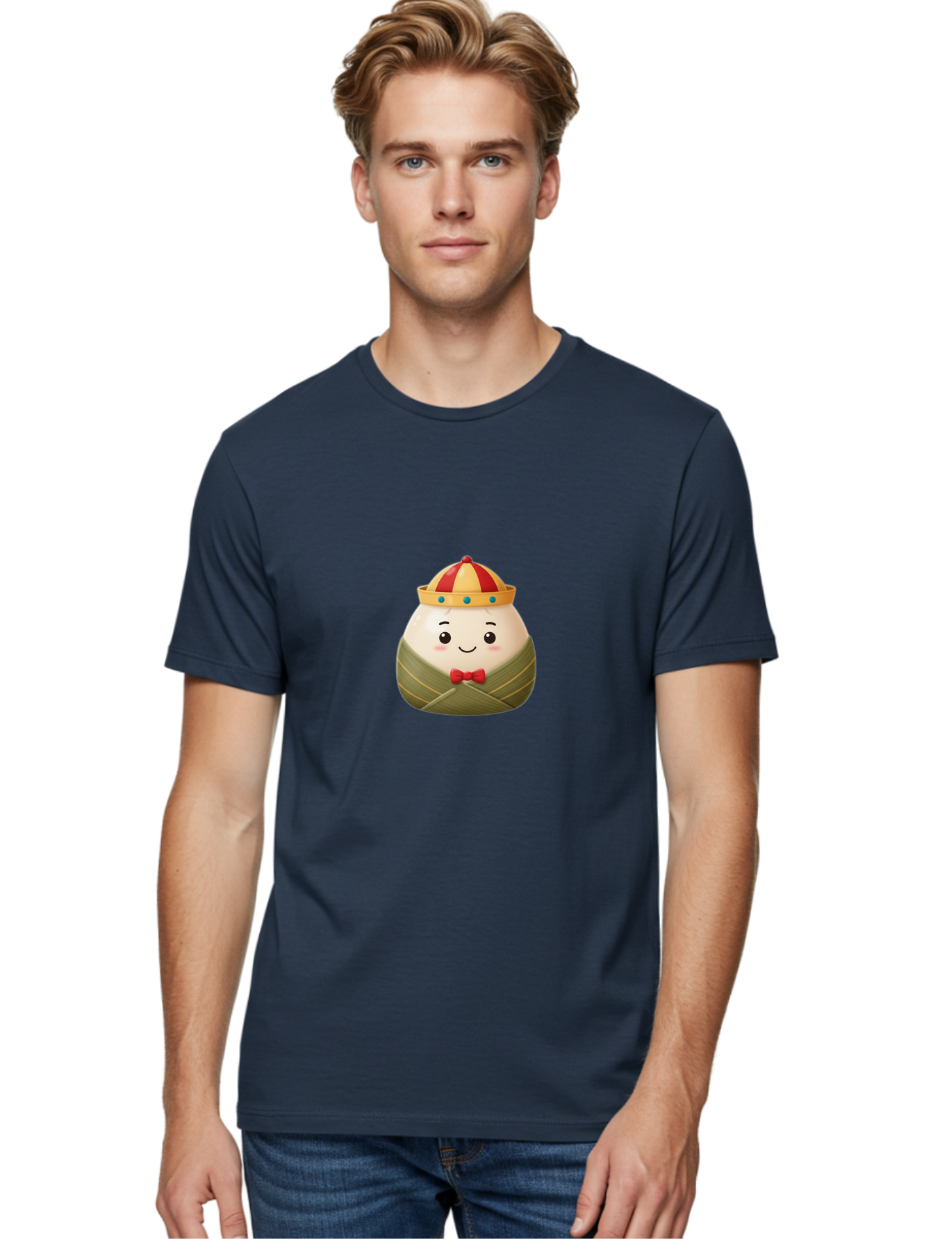 Zongzi-2 Men'S Graphic Tee, 100% Cotton, Comfortable Casual Summer Wear, Machine Washable, Bakra Wong, Cartoon Character, Dumpling, Steamed Bun, Red Bow Tie, Yellow Crown, Red And Yellow Hat, Blue Gems, Kawaii, Cute, Smiling Face, Bab603 19