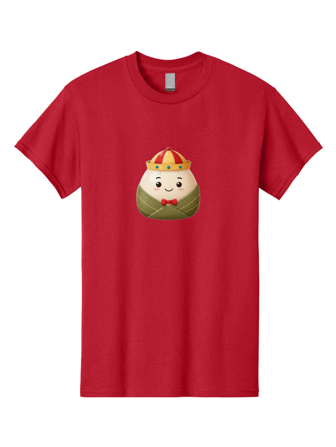 Zongzi-2 Men'S Graphic Tee, 100% Cotton, Comfortable Casual Summer Wear, Machine Washable, Bakra Wong, Cartoon Character, Dumpling, Steamed Bun, Red Bow Tie, Yellow Crown, Red And Yellow Hat, Blue Gems, Kawaii, Cute, Smiling Face, Bab603 13