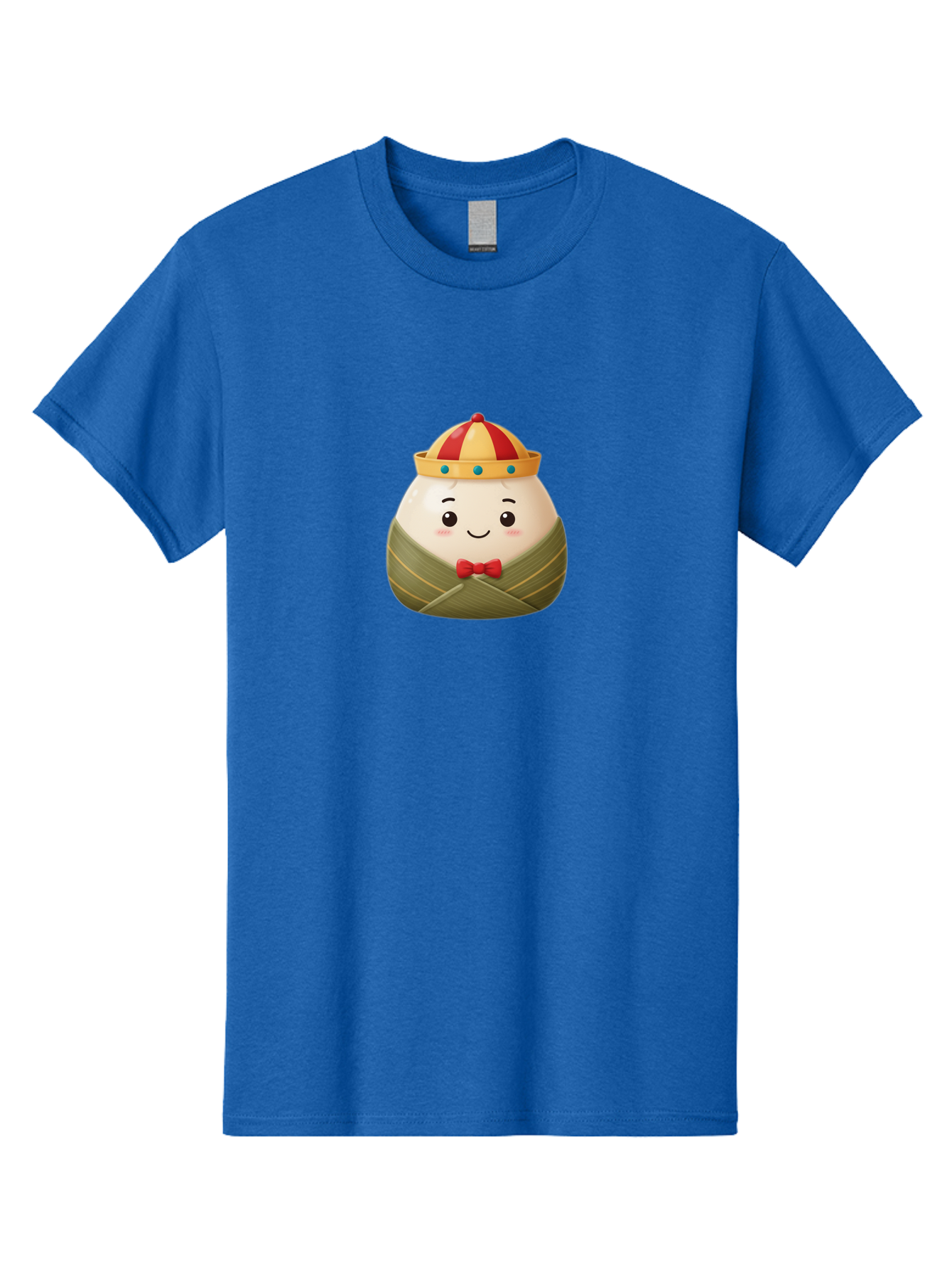 Zongzi-2 Men'S Graphic Tee, 100% Cotton, Comfortable Casual Summer Wear, Machine Washable, Bakra Wong, Cartoon Character, Dumpling, Steamed Bun, Red Bow Tie, Yellow Crown, Red And Yellow Hat, Blue Gems, Kawaii, Cute, Smiling Face, Bab603 5