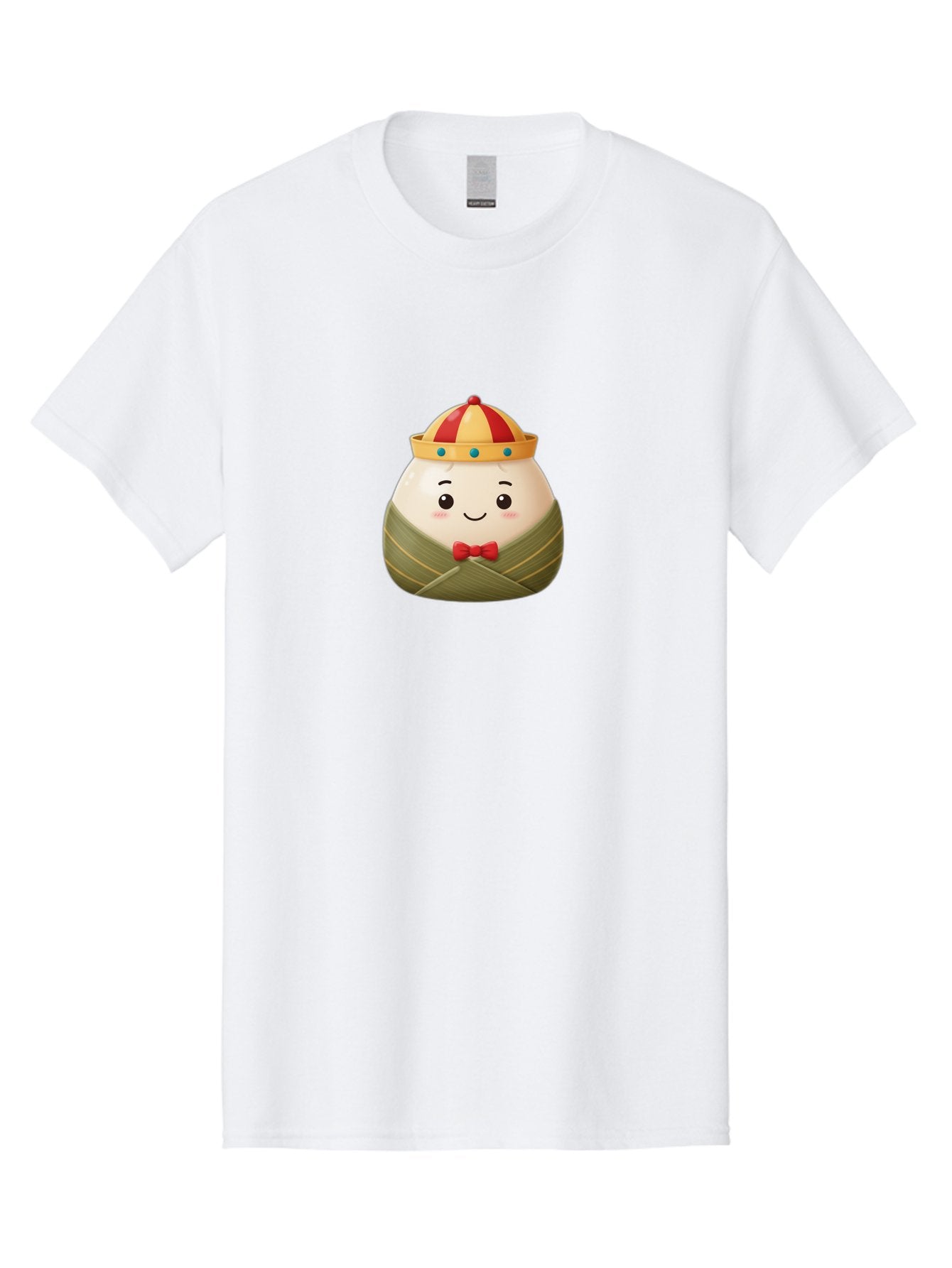 Zongzi-2 Men'S Graphic Tee, 100% Cotton, Comfortable Casual Summer Wear, Machine Washable, Bakra Wong, Cartoon Character, Dumpling, Steamed Bun, Red Bow Tie, Yellow Crown, Red And Yellow Hat, Blue Gems, Kawaii, Cute, Smiling Face, Bab603 10
